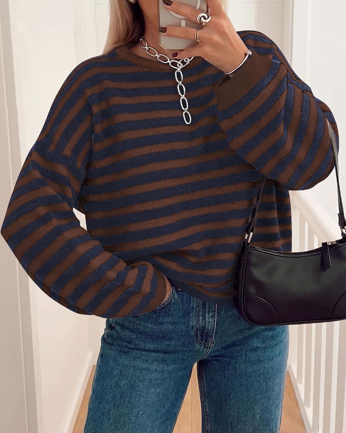 image:imageBTFBM Womens Lightweight Oversized Striped Sweater Soft Knit Cozy Sweaters Crew Neck Long Sleeve Pullover y2k Color Block Casual Holiday Outfits Winter Fall Clothes 2026Coffee Navy