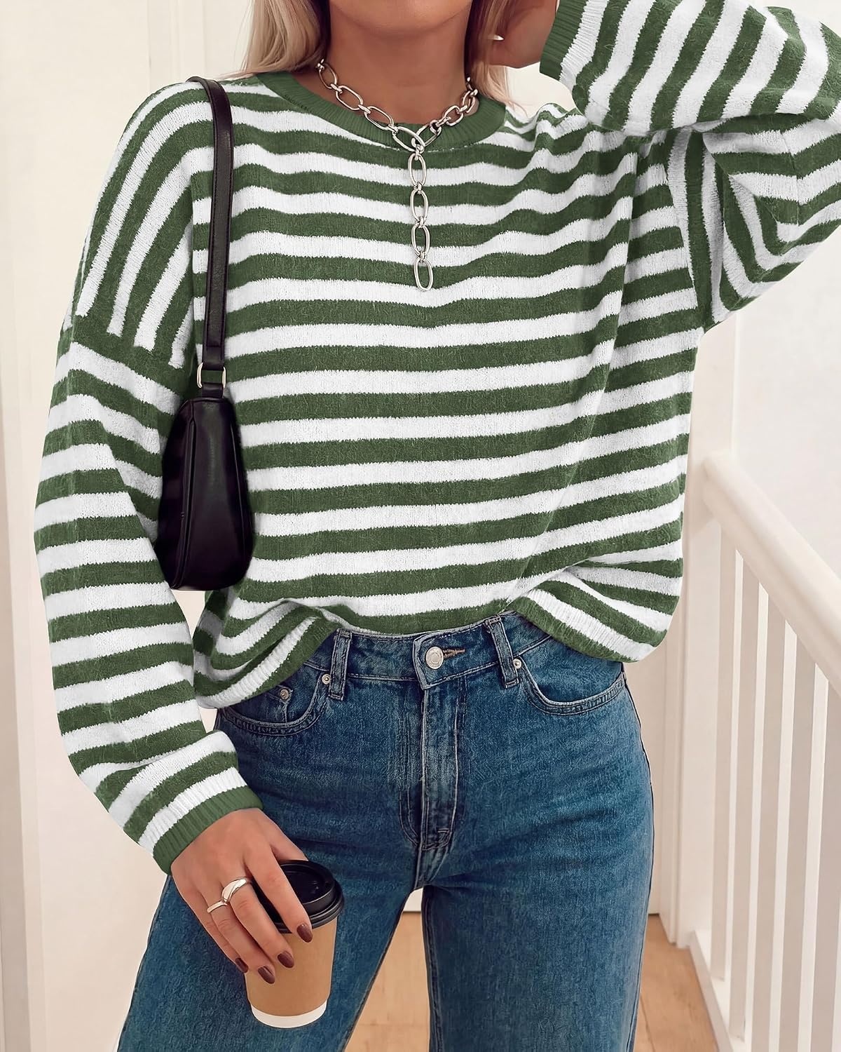 image:imageBTFBM Womens Lightweight Oversized Striped Sweater Soft Knit Cozy Sweaters Crew Neck Long Sleeve Pullover y2k Color Block Casual Holiday Outfits Winter Fall Clothes 2026Green White