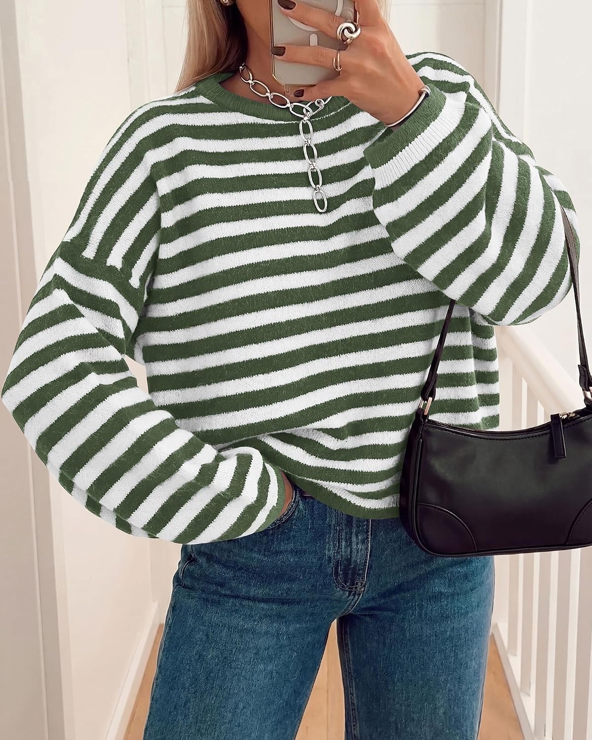 image:imageBTFBM Womens Lightweight Oversized Striped Sweater Soft Knit Cozy Sweaters Crew Neck Long Sleeve Pullover y2k Color Block Casual Holiday Outfits Winter Fall Clothes 2026Green White