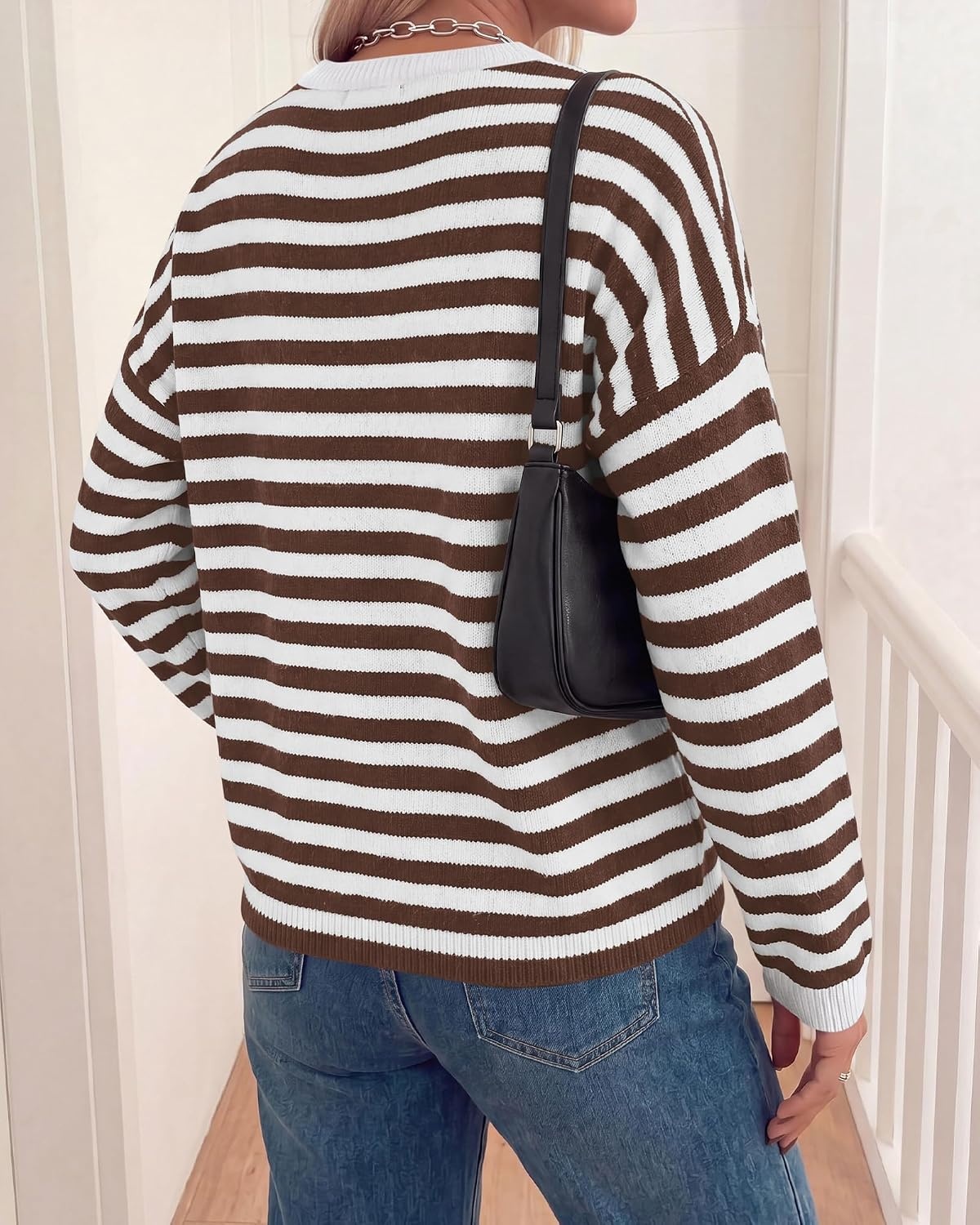 image:imageBTFBM Womens Lightweight Oversized Striped Sweater Soft Knit Cozy Sweaters Crew Neck Long Sleeve Pullover y2k Color Block Casual Holiday Outfits Winter Fall Clothes 2026Brown White