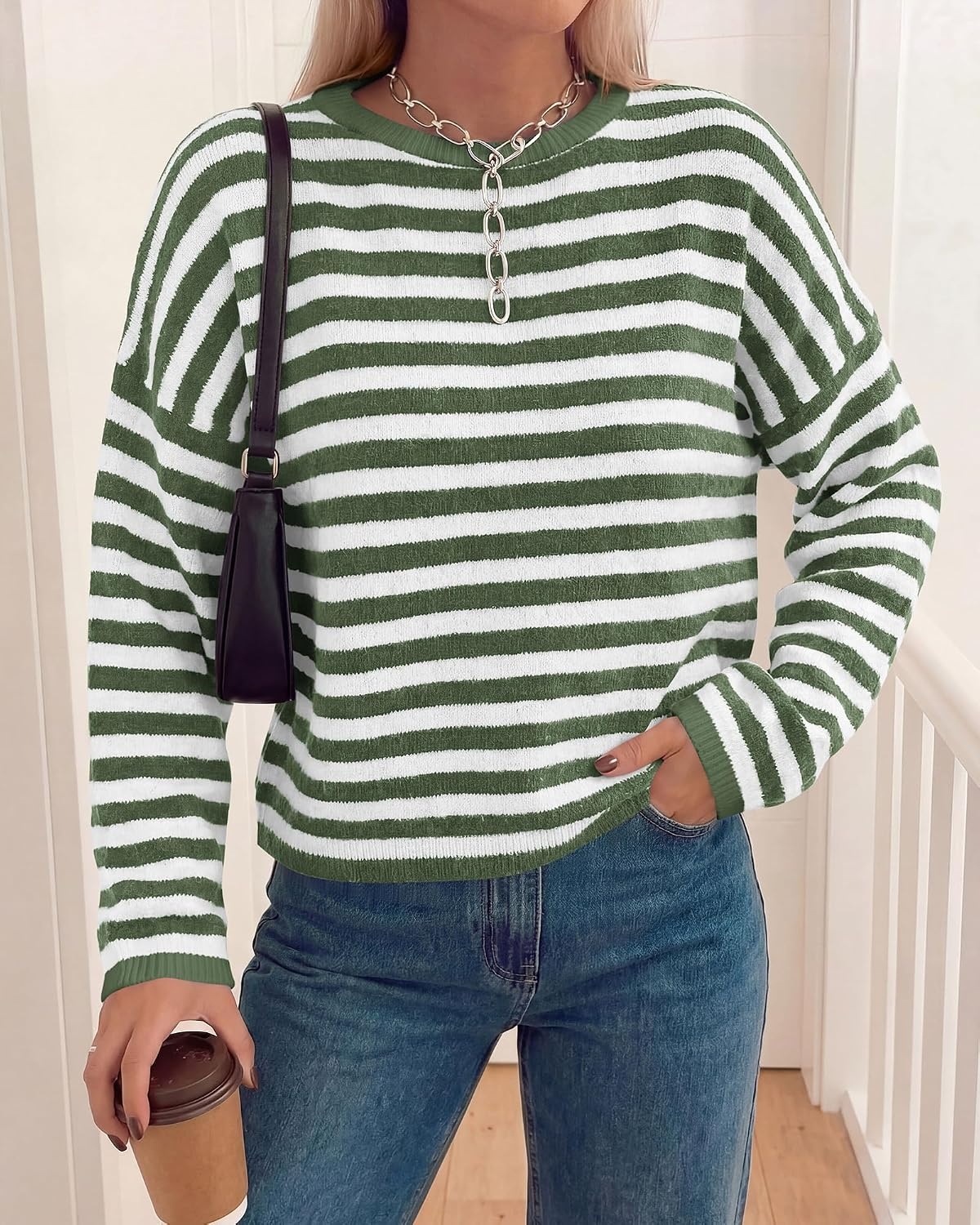image:imageBTFBM Womens Lightweight Oversized Striped Sweater Soft Knit Cozy Sweaters Crew Neck Long Sleeve Pullover y2k Color Block Casual Holiday Outfits Winter Fall Clothes 2026Green White