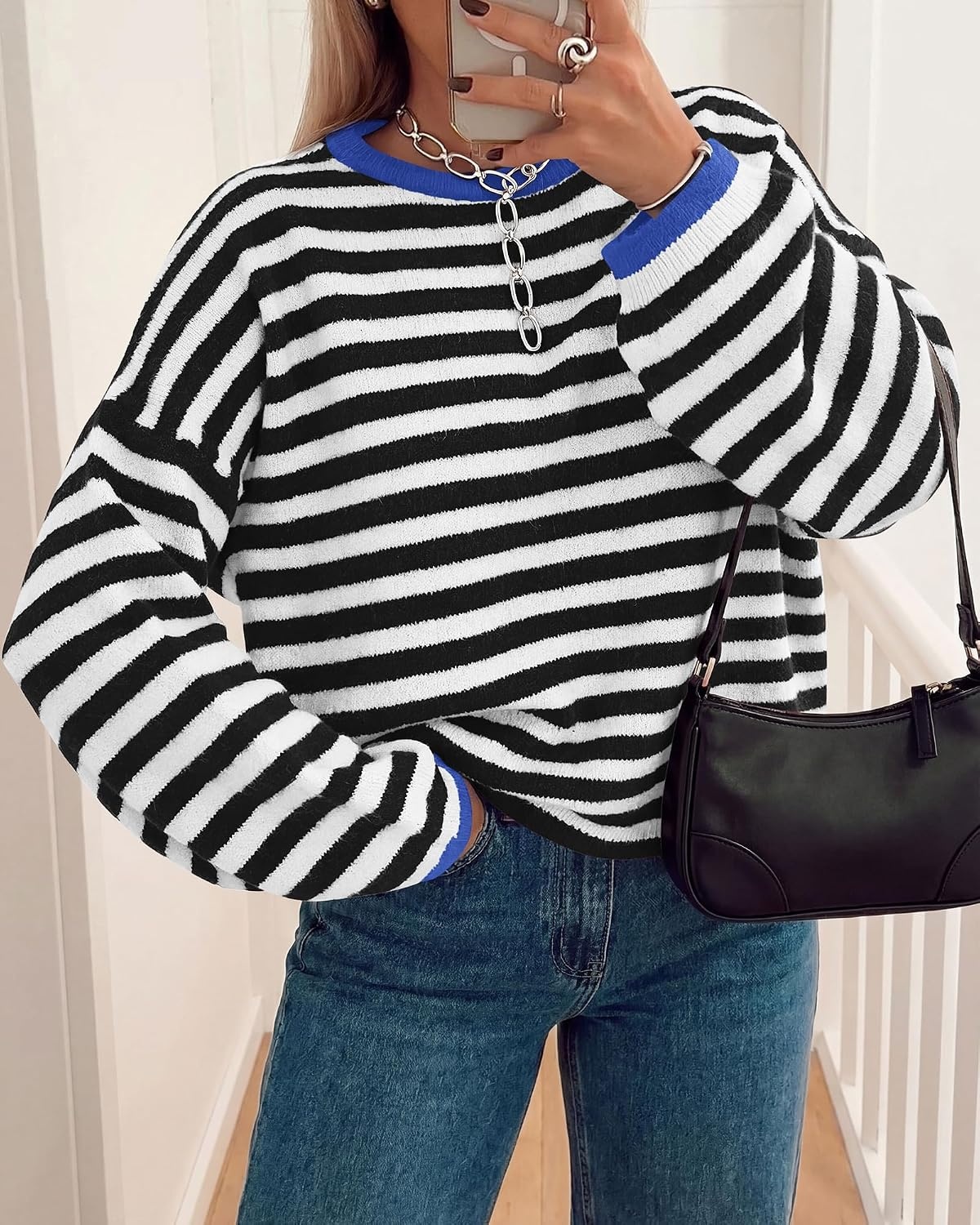 image:imageBTFBM Womens Lightweight Oversized Striped Sweater Soft Knit Cozy Sweaters Crew Neck Long Sleeve Pullover y2k Color Block Casual Holiday Outfits Winter Fall Clothes 2026Black White