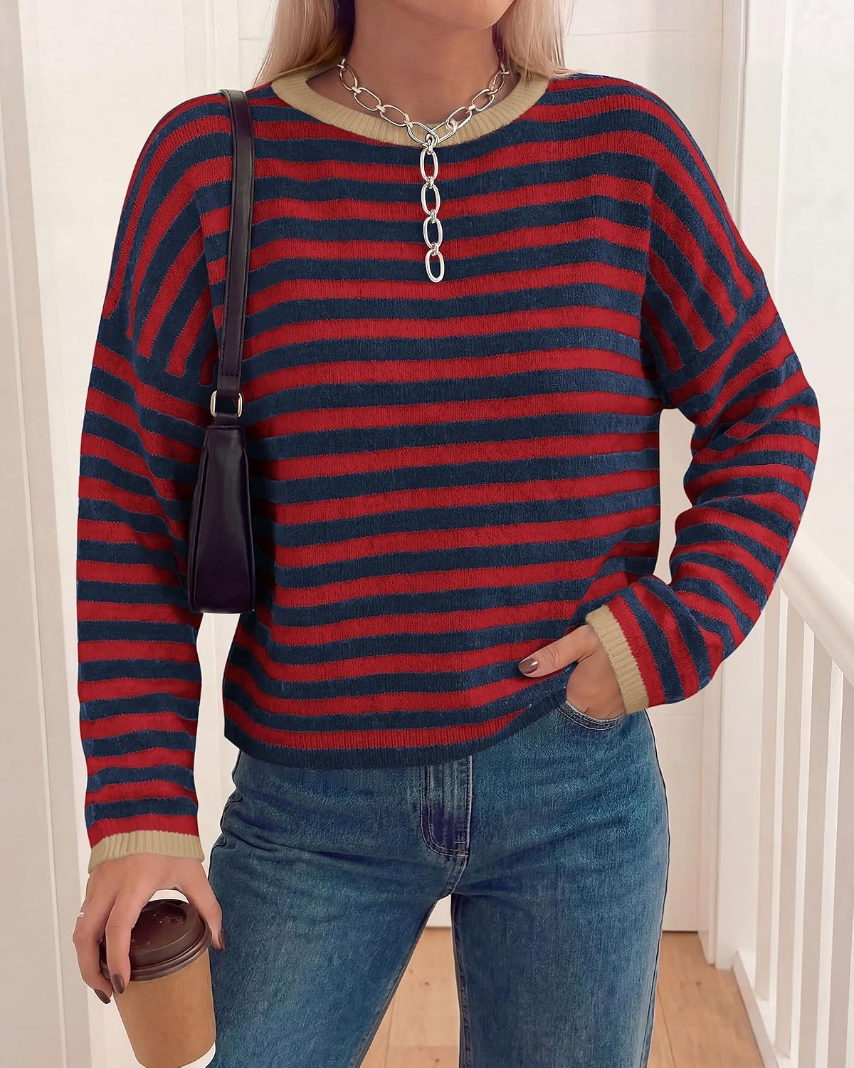 image:imageBTFBM Womens Lightweight Oversized Striped Sweater Soft Knit Cozy Sweaters Crew Neck Long Sleeve Pullover y2k Color Block Casual Holiday Outfits Winter Fall Clothes 2026Navy Red
