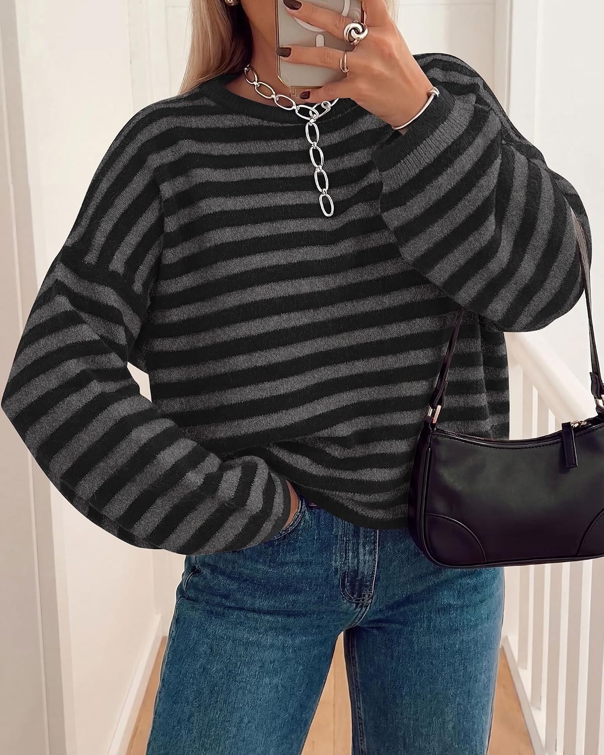 image:imageBTFBM Womens Lightweight Oversized Striped Sweater Soft Knit Cozy Sweaters Crew Neck Long Sleeve Pullover y2k Color Block Casual Holiday Outfits Winter Fall Clothes 2026Black Grey