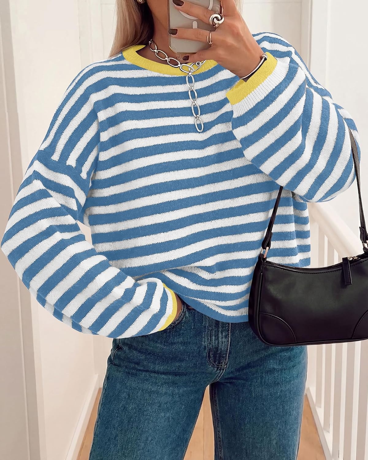 image:imageBTFBM Womens Lightweight Oversized Striped Sweater Soft Knit Cozy Sweaters Crew Neck Long Sleeve Pullover y2k Color Block Casual Holiday Outfits Winter Fall Clothes 2026Blue White