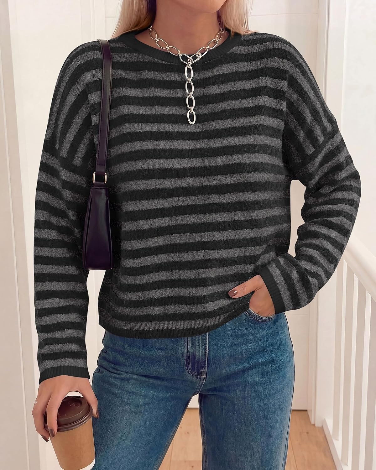 image:imageBTFBM Womens Lightweight Oversized Striped Sweater Soft Knit Cozy Sweaters Crew Neck Long Sleeve Pullover y2k Color Block Casual Holiday Outfits Winter Fall Clothes 2026Black Grey