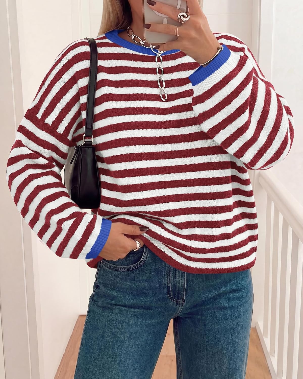 image:imageBTFBM Womens Lightweight Oversized Striped Sweater Soft Knit Cozy Sweaters Crew Neck Long Sleeve Pullover y2k Color Block Casual Holiday Outfits Winter Fall Clothes 2026Burgundy White