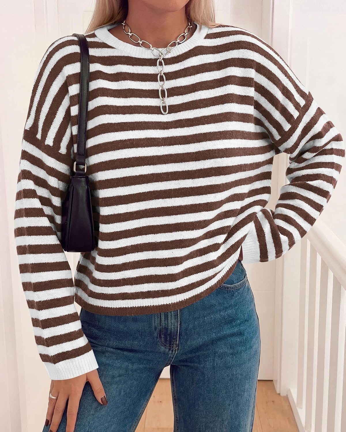 image:imageBTFBM Womens Lightweight Oversized Striped Sweater Soft Knit Cozy Sweaters Crew Neck Long Sleeve Pullover y2k Color Block Casual Holiday Outfits Winter Fall Clothes 2026Brown White