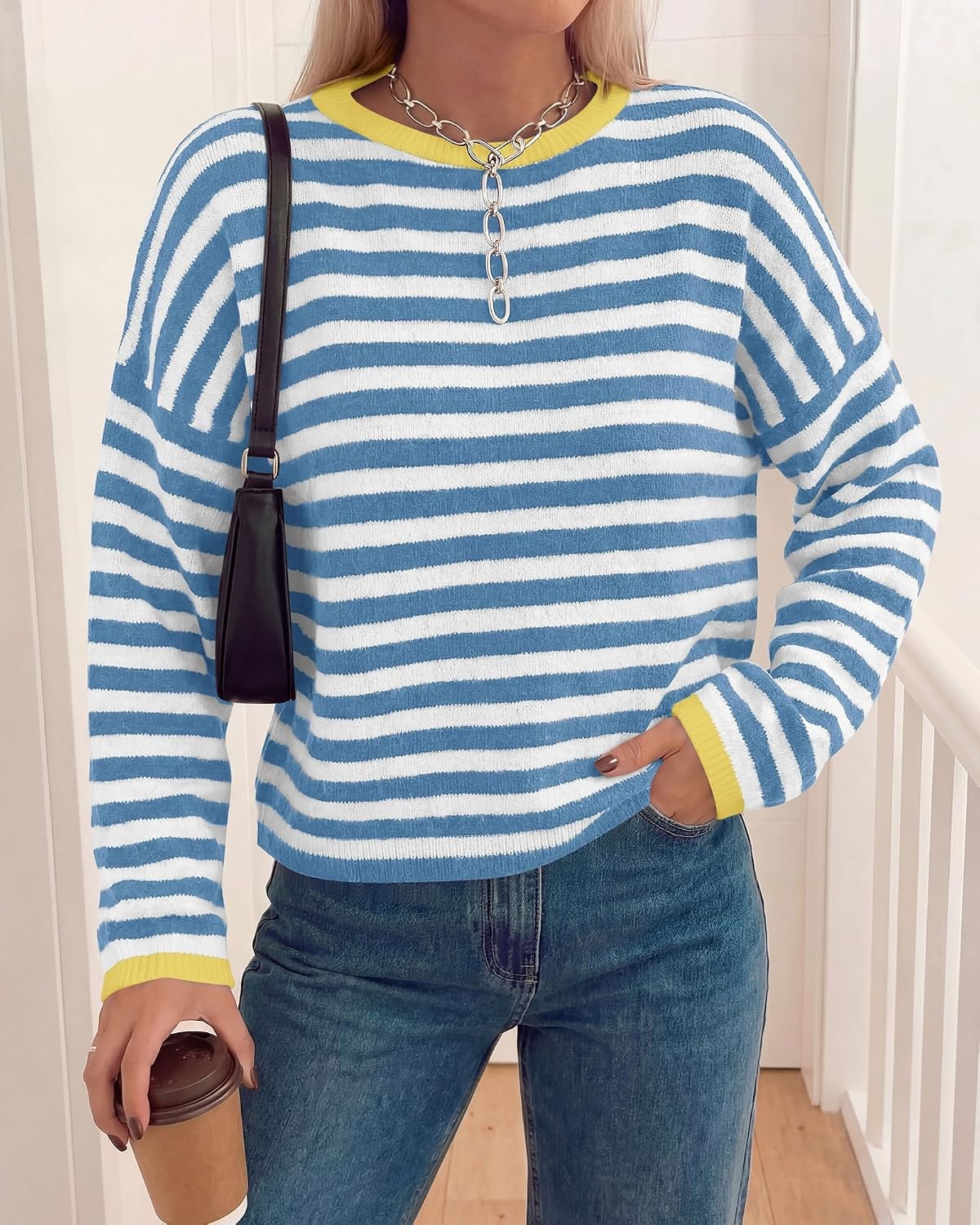 image:imageBTFBM Womens Lightweight Oversized Striped Sweater Soft Knit Cozy Sweaters Crew Neck Long Sleeve Pullover y2k Color Block Casual Holiday Outfits Winter Fall Clothes 2026Blue White