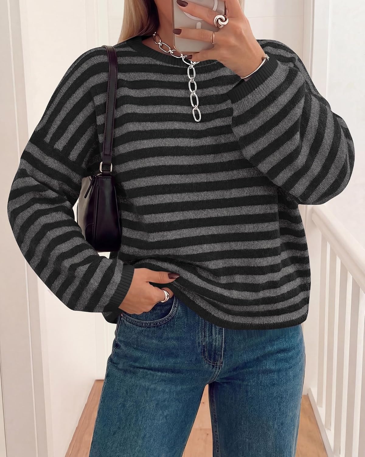 image:imageBTFBM Womens Lightweight Oversized Striped Sweater Soft Knit Cozy Sweaters Crew Neck Long Sleeve Pullover y2k Color Block Casual Holiday Outfits Winter Fall Clothes 2026Black Grey
