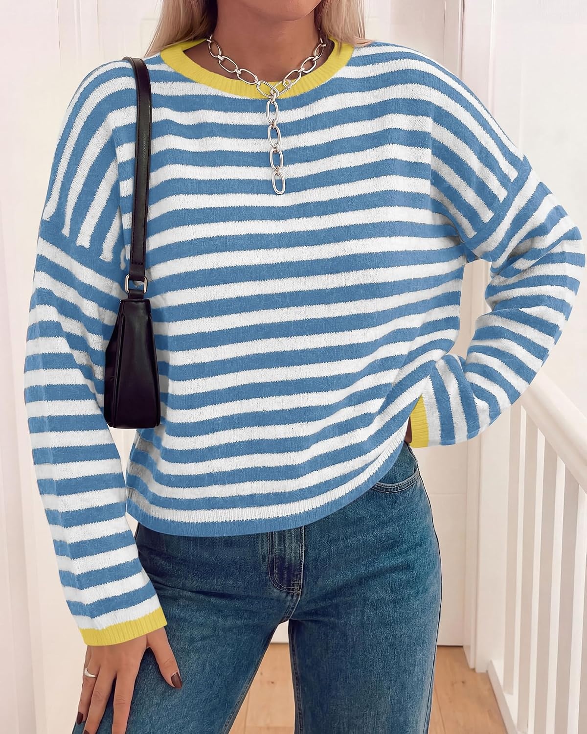 image:imageBTFBM Womens Lightweight Oversized Striped Sweater Soft Knit Cozy Sweaters Crew Neck Long Sleeve Pullover y2k Color Block Casual Holiday Outfits Winter Fall Clothes 2026Blue White