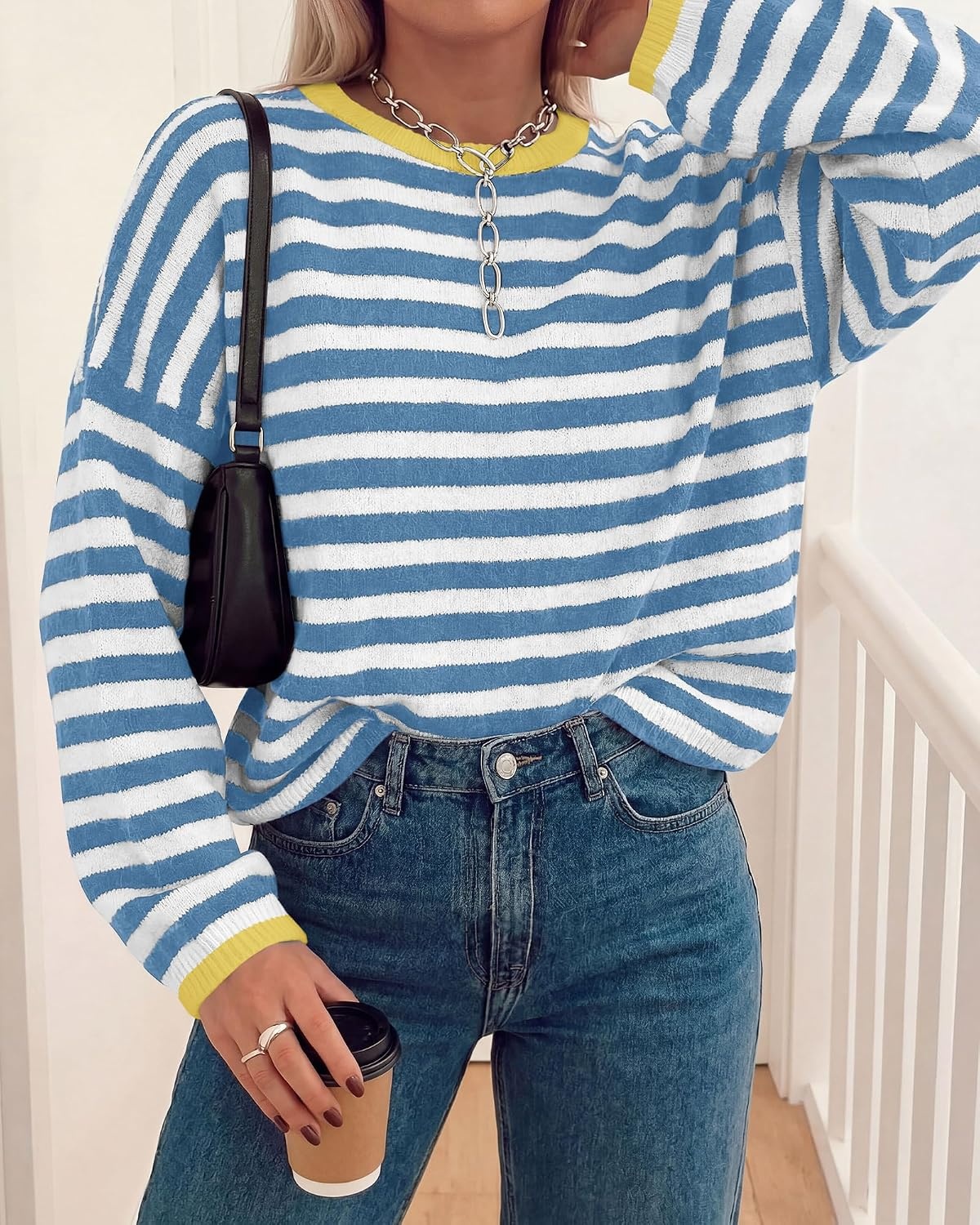 image:imageBTFBM Womens Lightweight Oversized Striped Sweater Soft Knit Cozy Sweaters Crew Neck Long Sleeve Pullover y2k Color Block Casual Holiday Outfits Winter Fall Clothes 2026Blue White