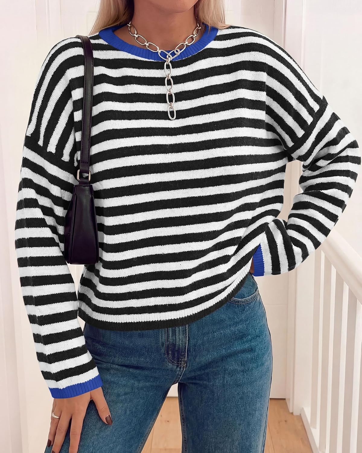 image:imageBTFBM Womens Lightweight Oversized Striped Sweater Soft Knit Cozy Sweaters Crew Neck Long Sleeve Pullover y2k Color Block Casual Holiday Outfits Winter Fall Clothes 2026Black White
