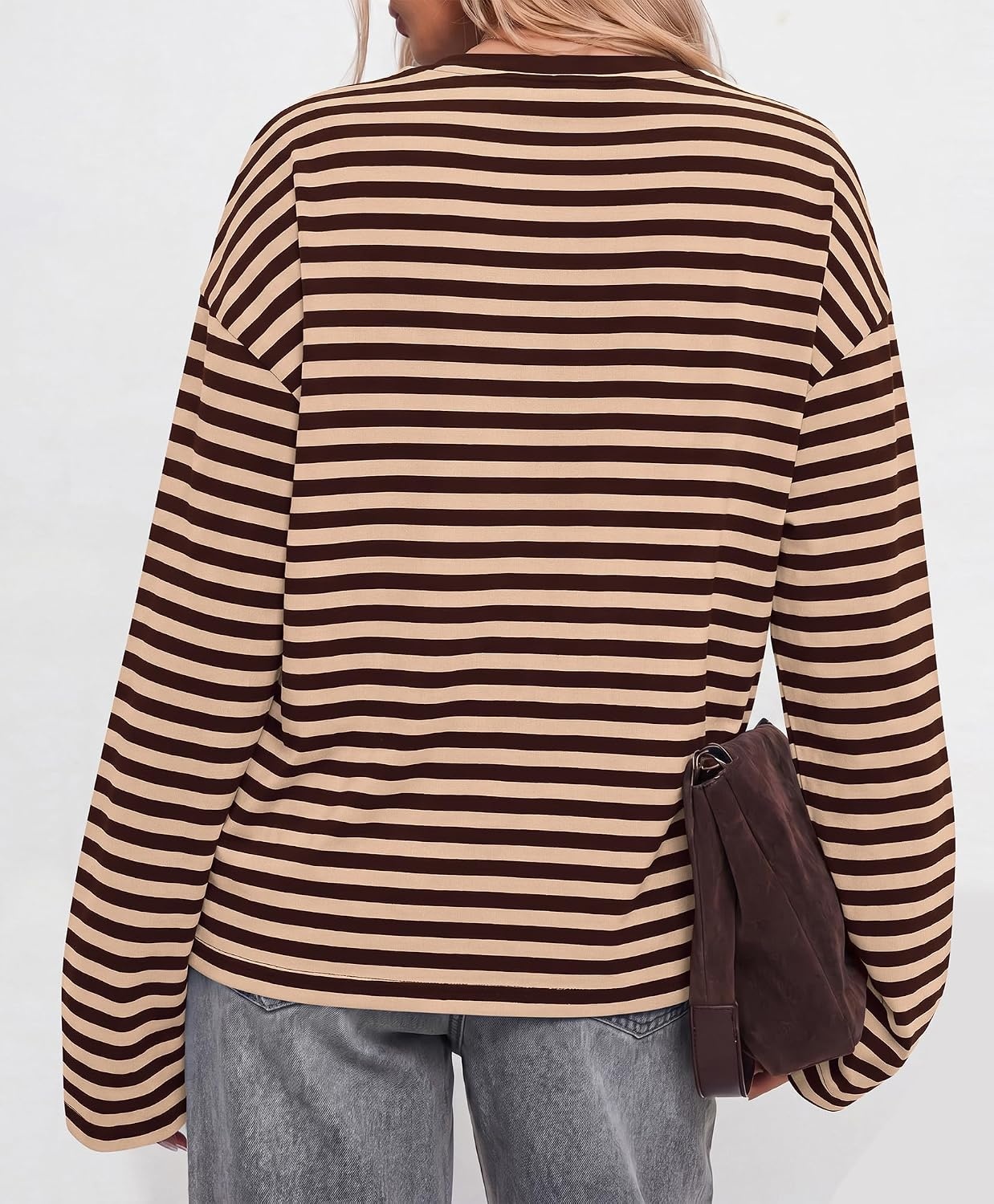 image:imageBTFBM Womens Long Sleeve Tops 2026 Fall Fashion Lightweight Crew Neck Oversized Striped Shirt Women Y2k Clothes Vacation Travel Outfits Going Out Top Winter LayeringBrown Apricot