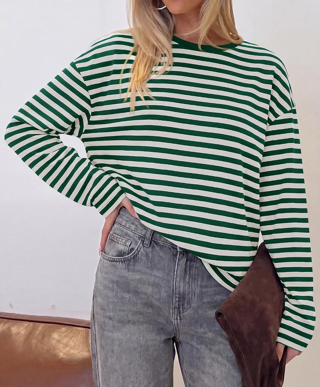 image:imageBTFBM Womens Long Sleeve Tops 2026 Fall Fashion Lightweight Crew Neck Oversized Striped Shirt Women Y2k Clothes Vacation Travel Outfits Going Out Top Winter LayeringGreen White