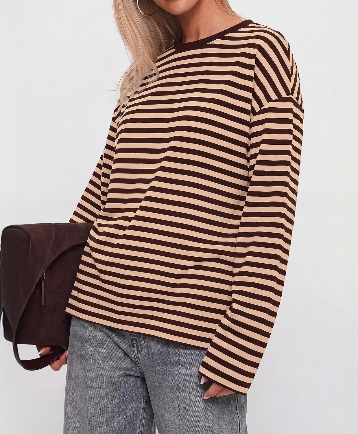 image:imageBTFBM Womens Long Sleeve Tops 2026 Fall Fashion Lightweight Crew Neck Oversized Striped Shirt Women Y2k Clothes Vacation Travel Outfits Going Out Top Winter LayeringBrown Apricot