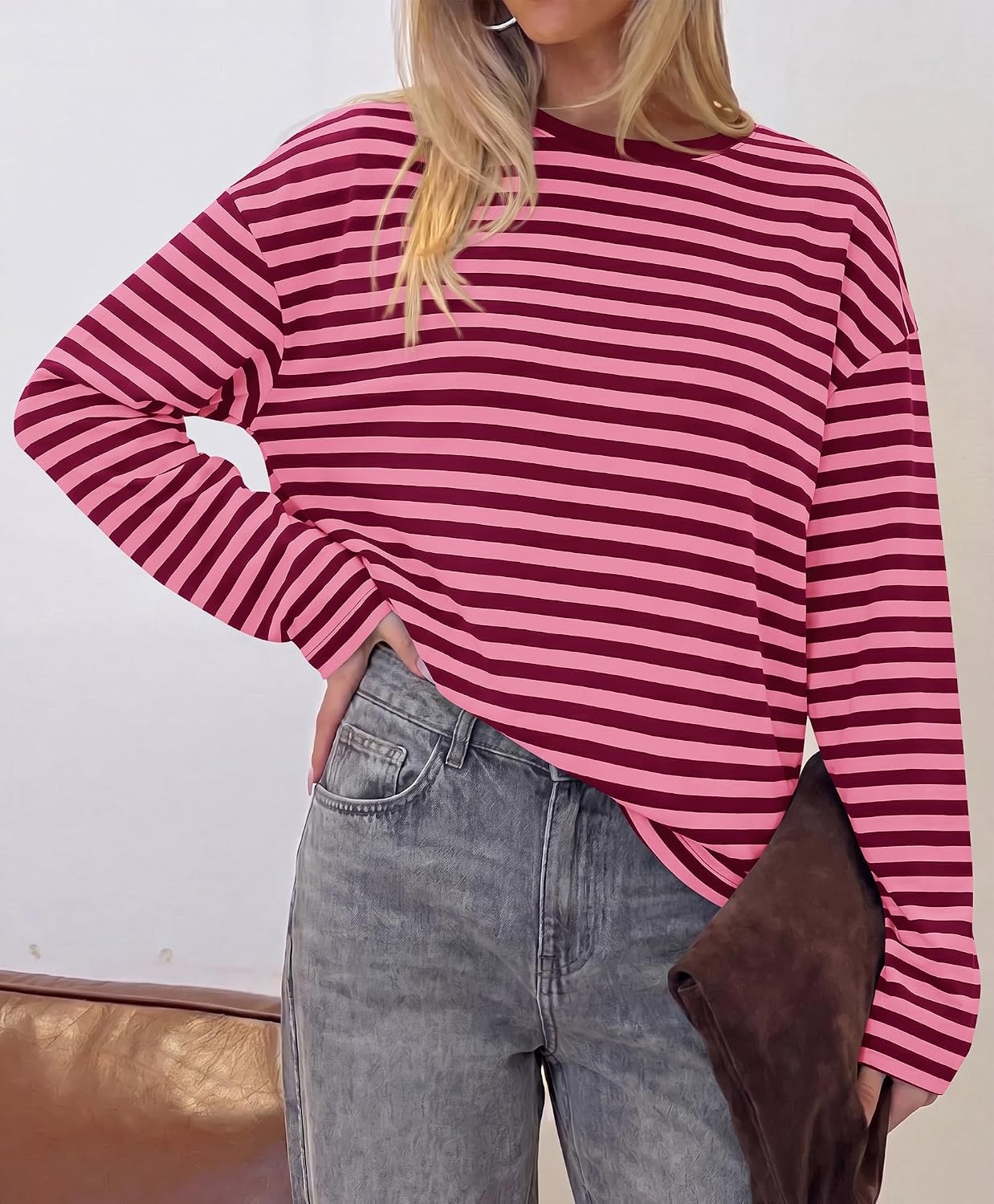 image:imageBTFBM Womens Long Sleeve Tops 2026 Fall Fashion Lightweight Crew Neck Oversized Striped Shirt Women Y2k Clothes Vacation Travel Outfits Going Out Top Winter LayeringPink Burgundy
