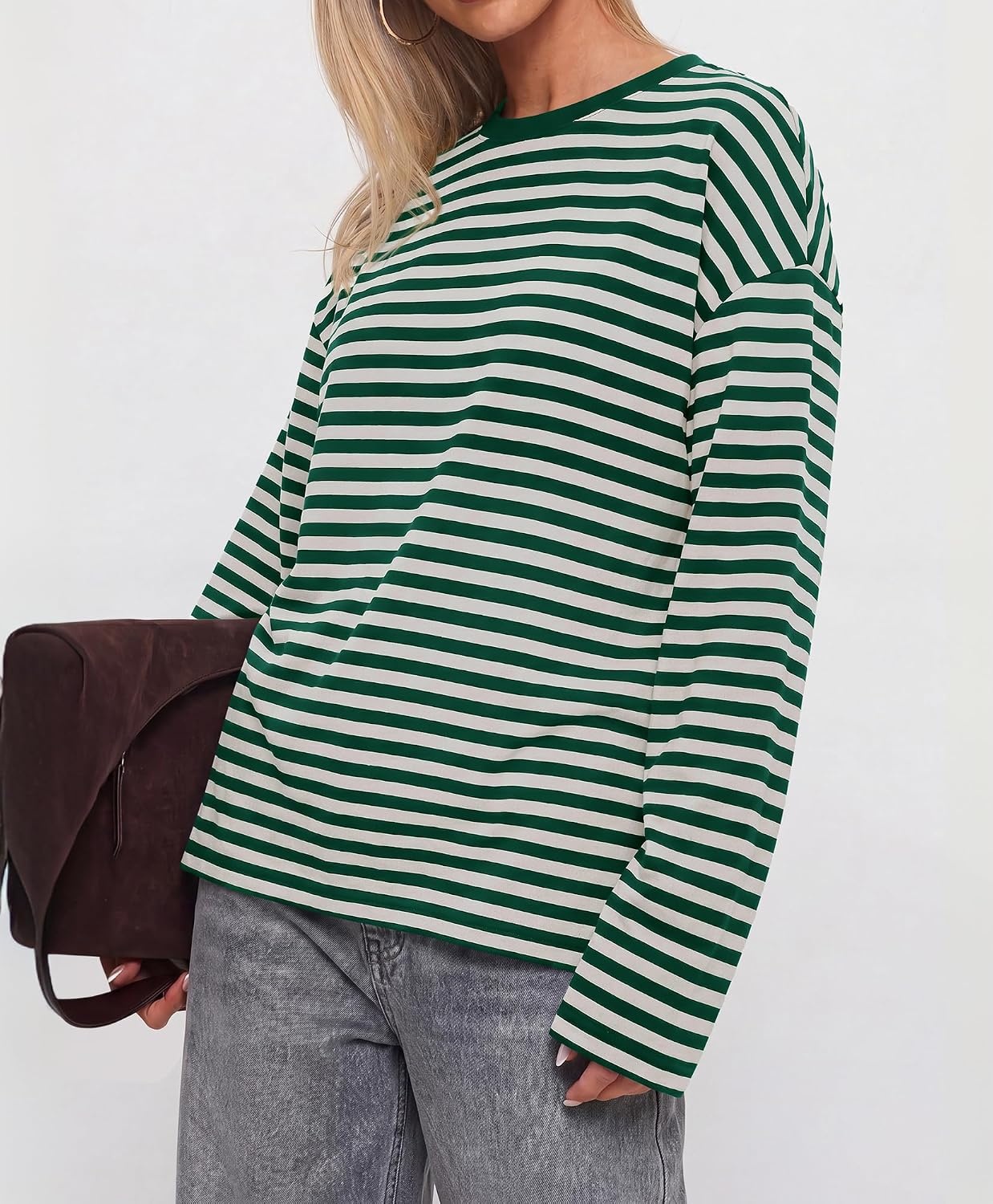 image:imageBTFBM Womens Long Sleeve Tops 2026 Fall Fashion Lightweight Crew Neck Oversized Striped Shirt Women Y2k Clothes Vacation Travel Outfits Going Out Top Winter LayeringGreen White