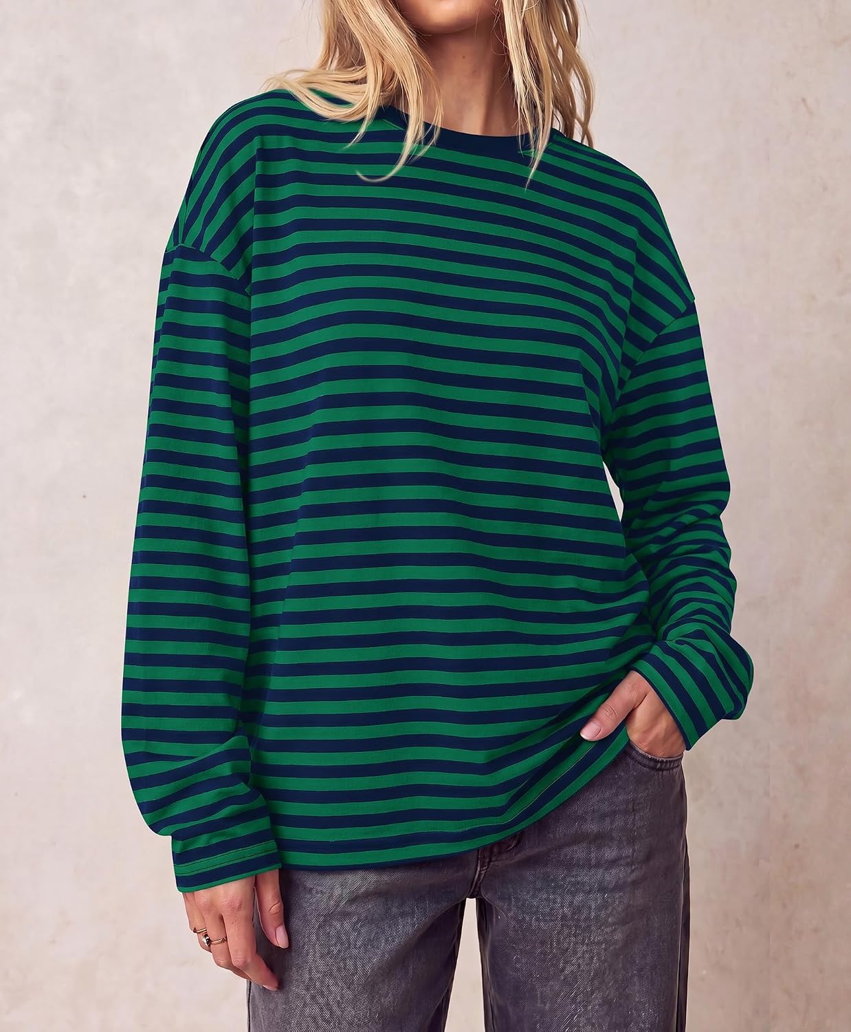 image:imageBTFBM Womens Long Sleeve Tops 2026 Fall Fashion Lightweight Crew Neck Oversized Striped Shirt Women Y2k Clothes Vacation Travel Outfits Going Out Top Winter LayeringNavy Dark Green