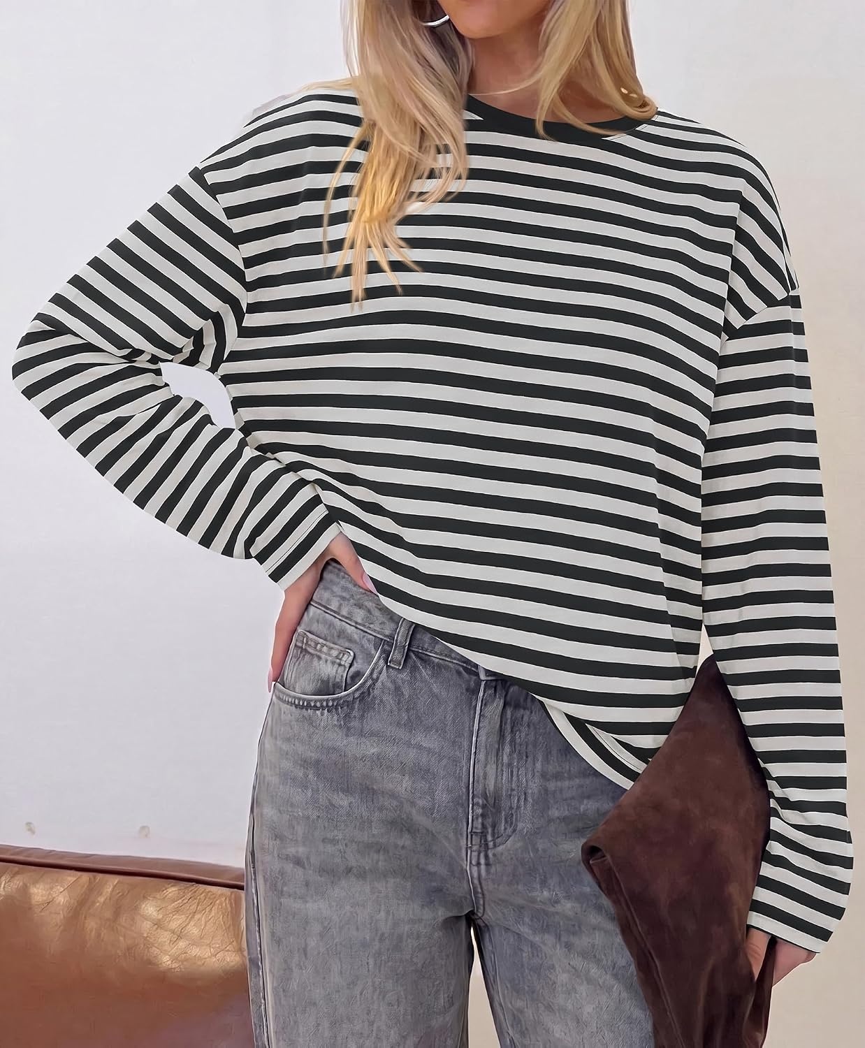image:imageBTFBM Womens Long Sleeve Tops 2026 Fall Fashion Lightweight Crew Neck Oversized Striped Shirt Women Y2k Clothes Vacation Travel Outfits Going Out Top Winter LayeringWhite Black