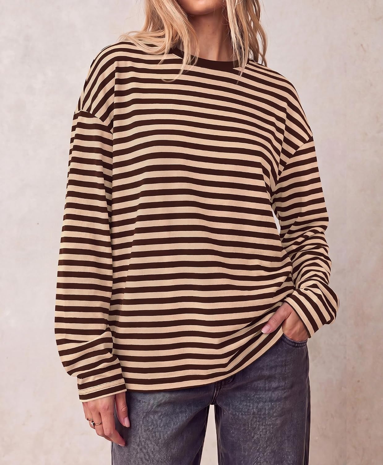 image:imageBTFBM Womens Long Sleeve Tops 2026 Fall Fashion Lightweight Crew Neck Oversized Striped Shirt Women Y2k Clothes Vacation Travel Outfits Going Out Top Winter LayeringBrown Apricot