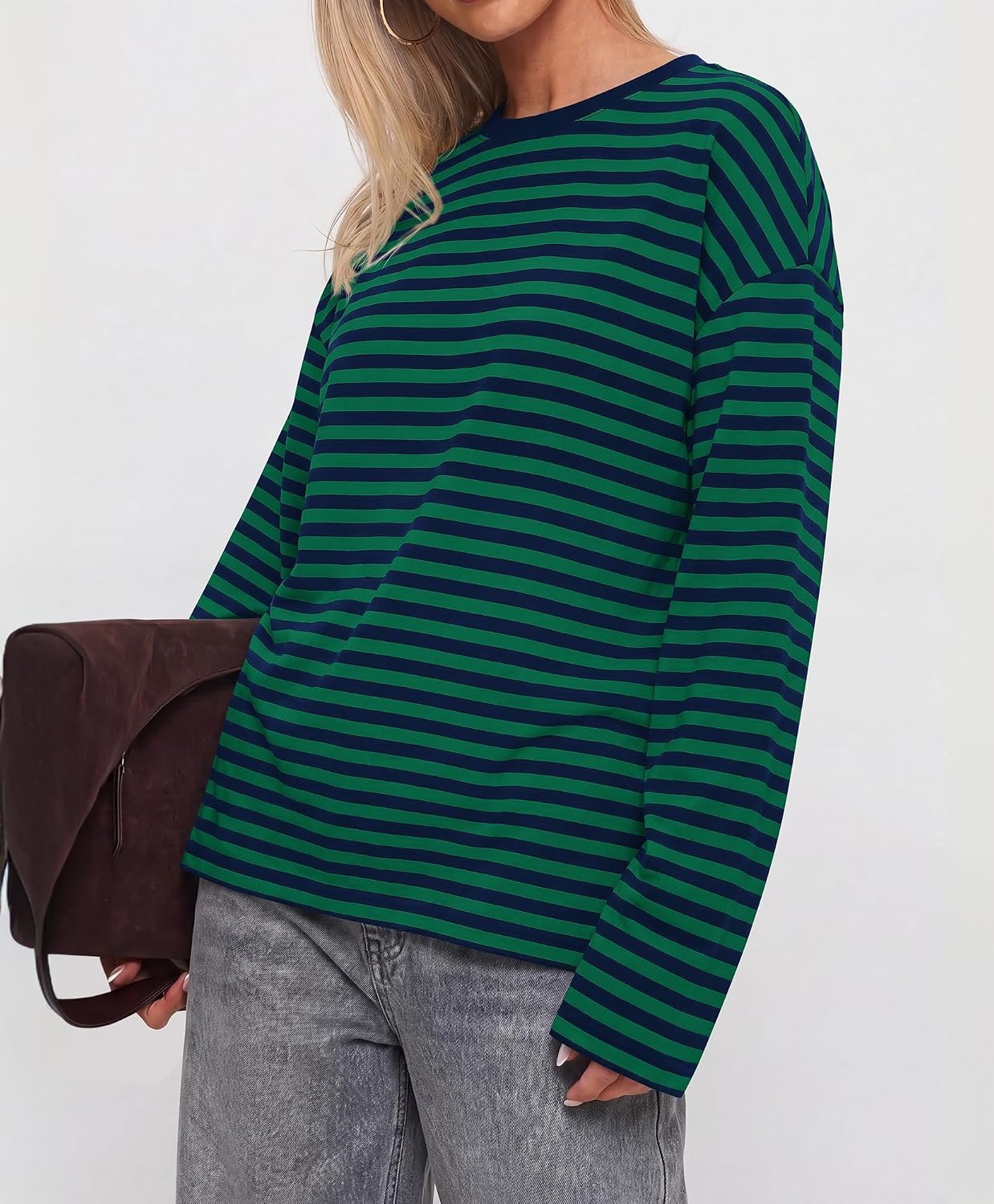 image:imageBTFBM Womens Long Sleeve Tops 2026 Fall Fashion Lightweight Crew Neck Oversized Striped Shirt Women Y2k Clothes Vacation Travel Outfits Going Out Top Winter LayeringNavy Dark Green