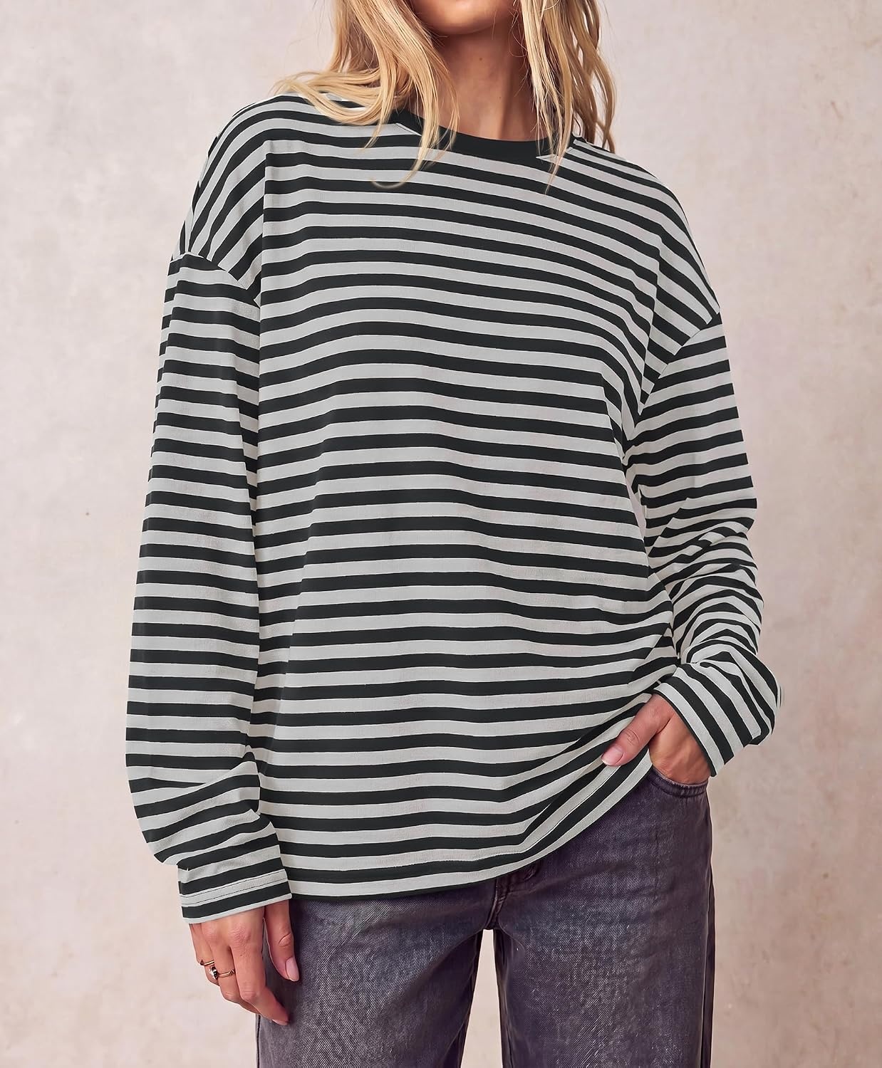 image:imageBTFBM Womens Long Sleeve Tops 2026 Fall Fashion Lightweight Crew Neck Oversized Striped Shirt Women Y2k Clothes Vacation Travel Outfits Going Out Top Winter LayeringWhite Black