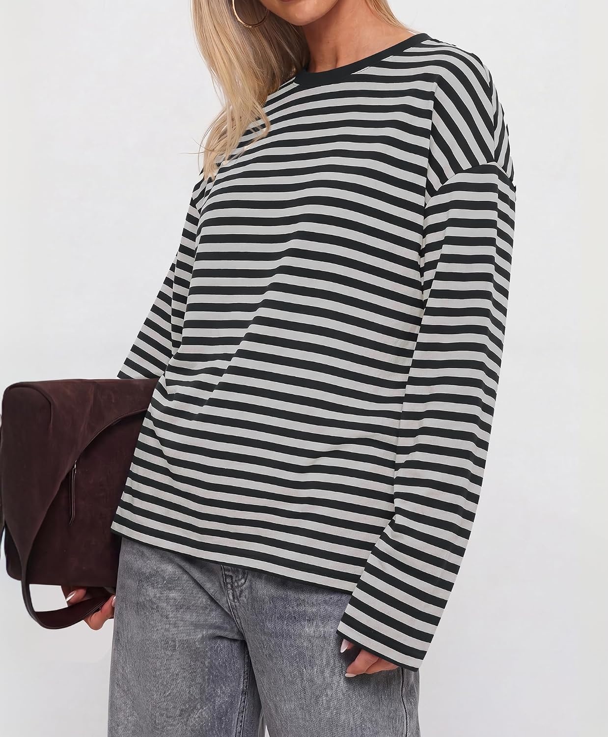image:imageBTFBM Womens Long Sleeve Tops 2026 Fall Fashion Lightweight Crew Neck Oversized Striped Shirt Women Y2k Clothes Vacation Travel Outfits Going Out Top Winter LayeringWhite Black