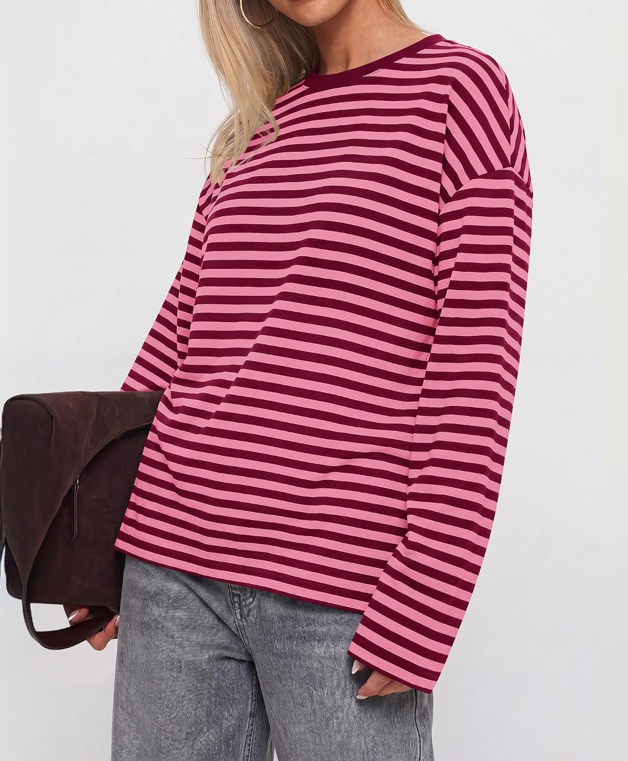 image:imageBTFBM Womens Long Sleeve Tops 2026 Fall Fashion Lightweight Crew Neck Oversized Striped Shirt Women Y2k Clothes Vacation Travel Outfits Going Out Top Winter LayeringPink Burgundy