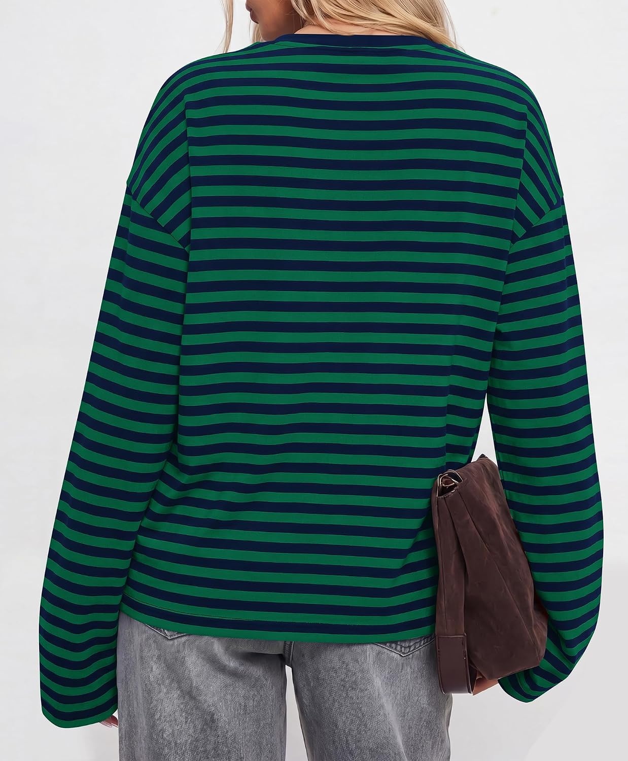 image:imageBTFBM Womens Long Sleeve Tops 2026 Fall Fashion Lightweight Crew Neck Oversized Striped Shirt Women Y2k Clothes Vacation Travel Outfits Going Out Top Winter LayeringNavy Dark Green