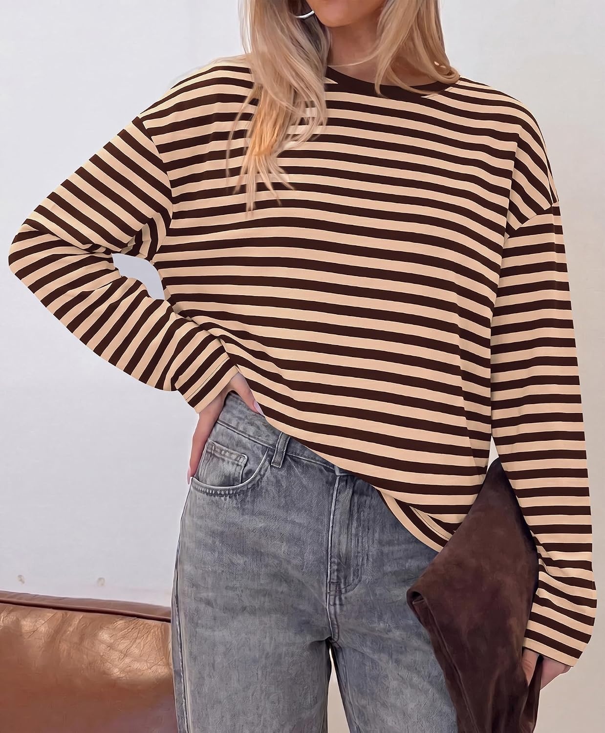 image:imageBTFBM Womens Long Sleeve Tops 2026 Fall Fashion Lightweight Crew Neck Oversized Striped Shirt Women Y2k Clothes Vacation Travel Outfits Going Out Top Winter LayeringBrown Apricot