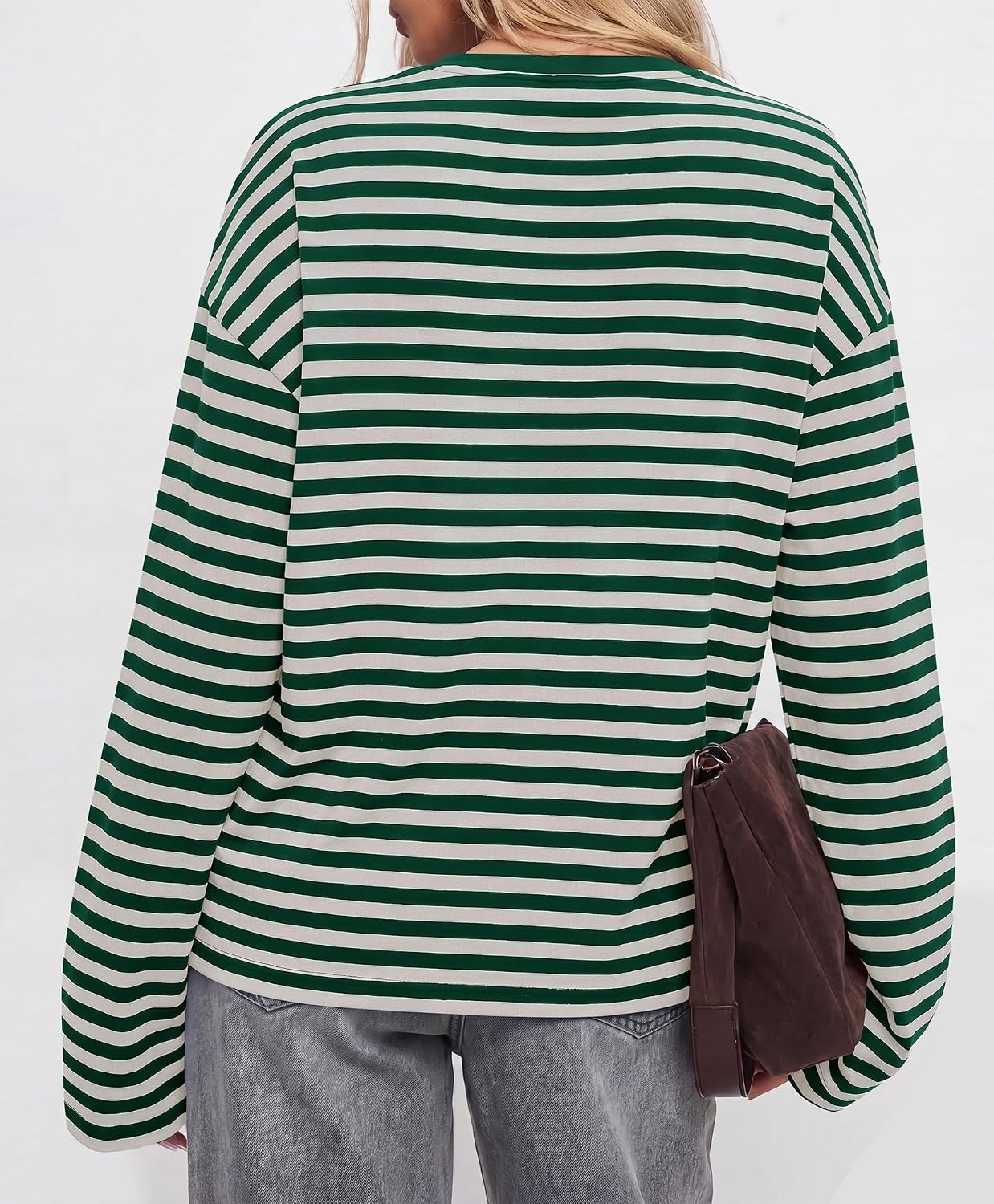 image:imageBTFBM Womens Long Sleeve Tops 2026 Fall Fashion Lightweight Crew Neck Oversized Striped Shirt Women Y2k Clothes Vacation Travel Outfits Going Out Top Winter LayeringGreen White