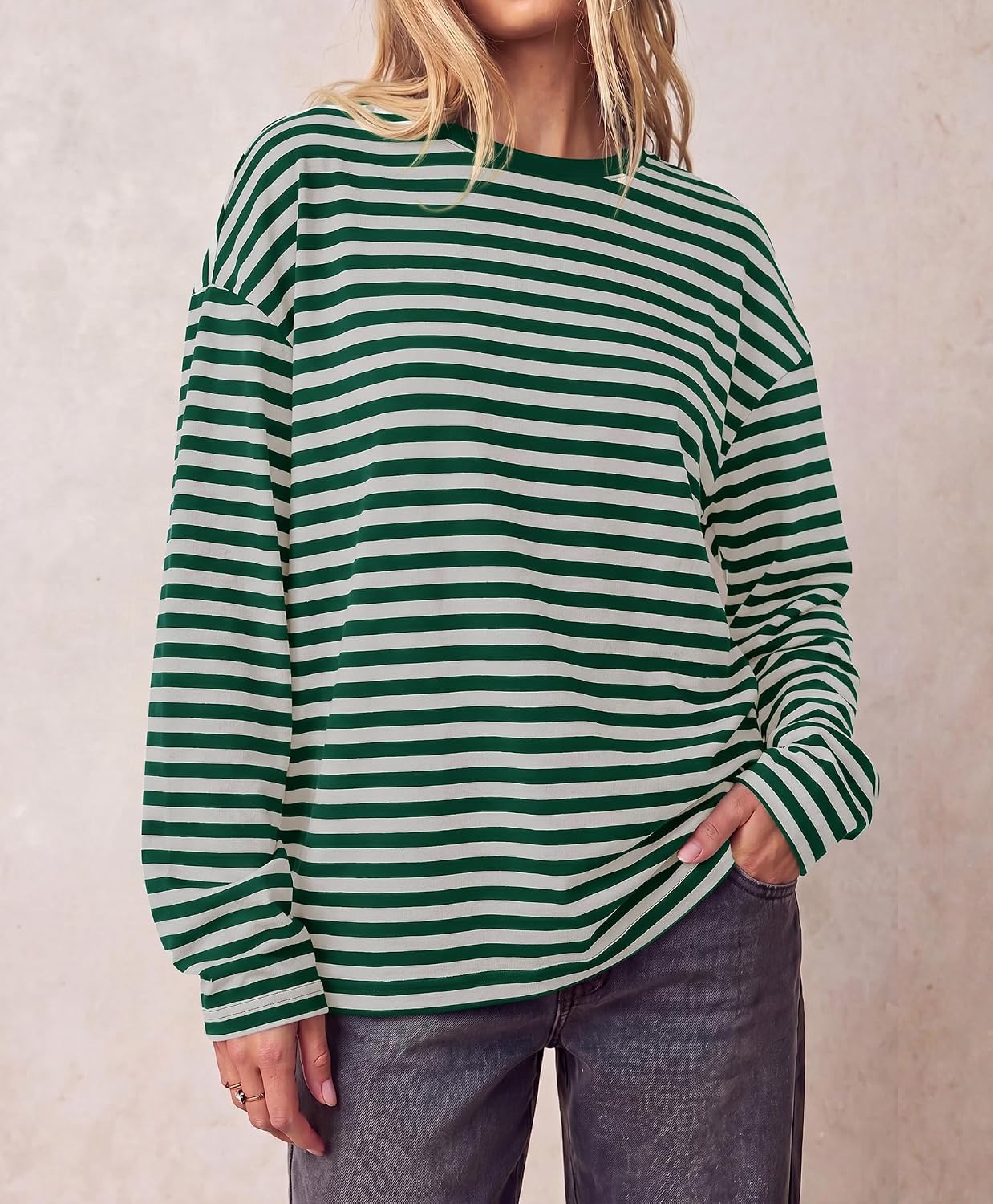 image:imageBTFBM Womens Long Sleeve Tops 2026 Fall Fashion Lightweight Crew Neck Oversized Striped Shirt Women Y2k Clothes Vacation Travel Outfits Going Out Top Winter LayeringGreen White