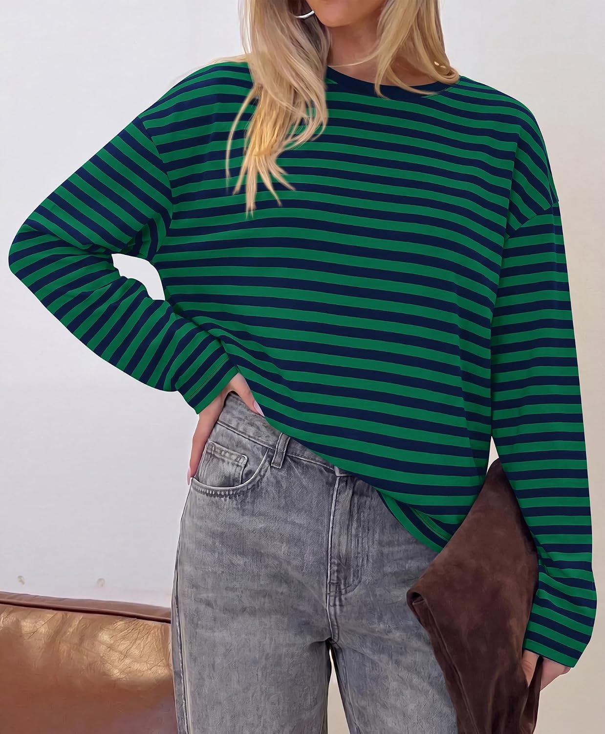 image:imageBTFBM Womens Long Sleeve Tops 2026 Fall Fashion Lightweight Crew Neck Oversized Striped Shirt Women Y2k Clothes Vacation Travel Outfits Going Out Top Winter LayeringNavy Dark Green