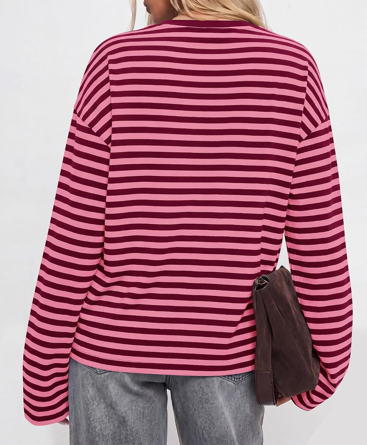 image:imageBTFBM Womens Long Sleeve Tops 2026 Fall Fashion Lightweight Crew Neck Oversized Striped Shirt Women Y2k Clothes Vacation Travel Outfits Going Out Top Winter LayeringPink Burgundy