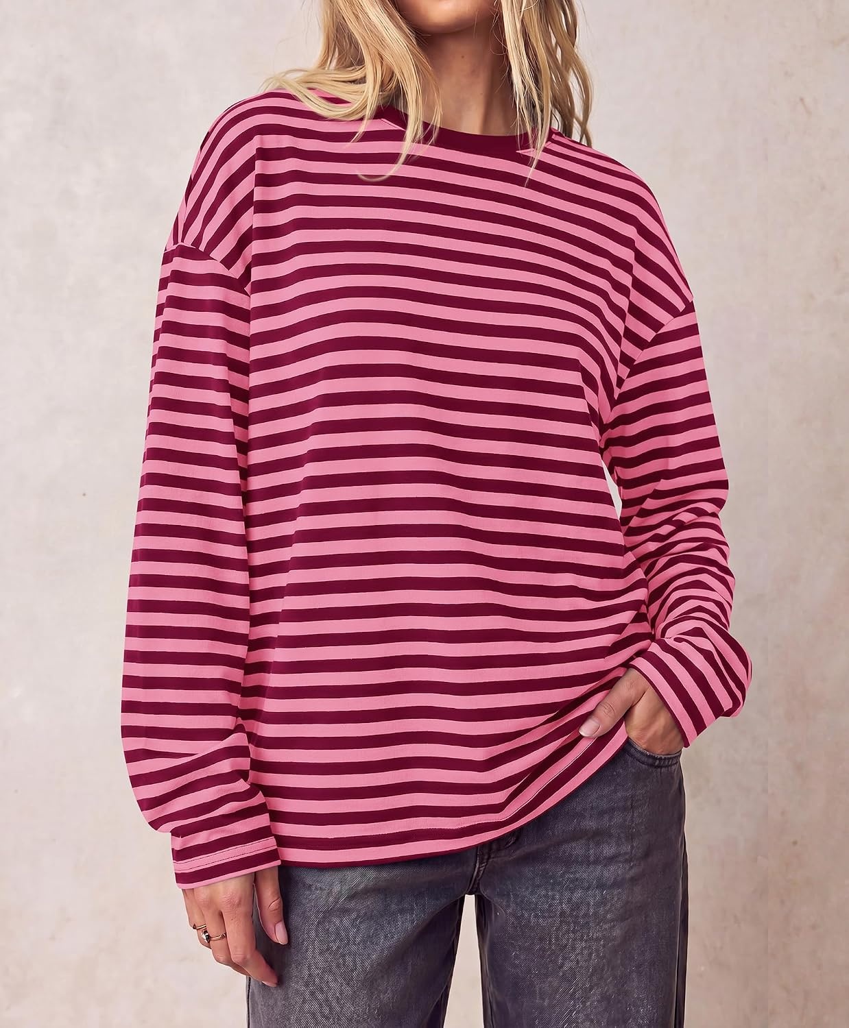 image:imageBTFBM Womens Long Sleeve Tops 2026 Fall Fashion Lightweight Crew Neck Oversized Striped Shirt Women Y2k Clothes Vacation Travel Outfits Going Out Top Winter LayeringPink Burgundy