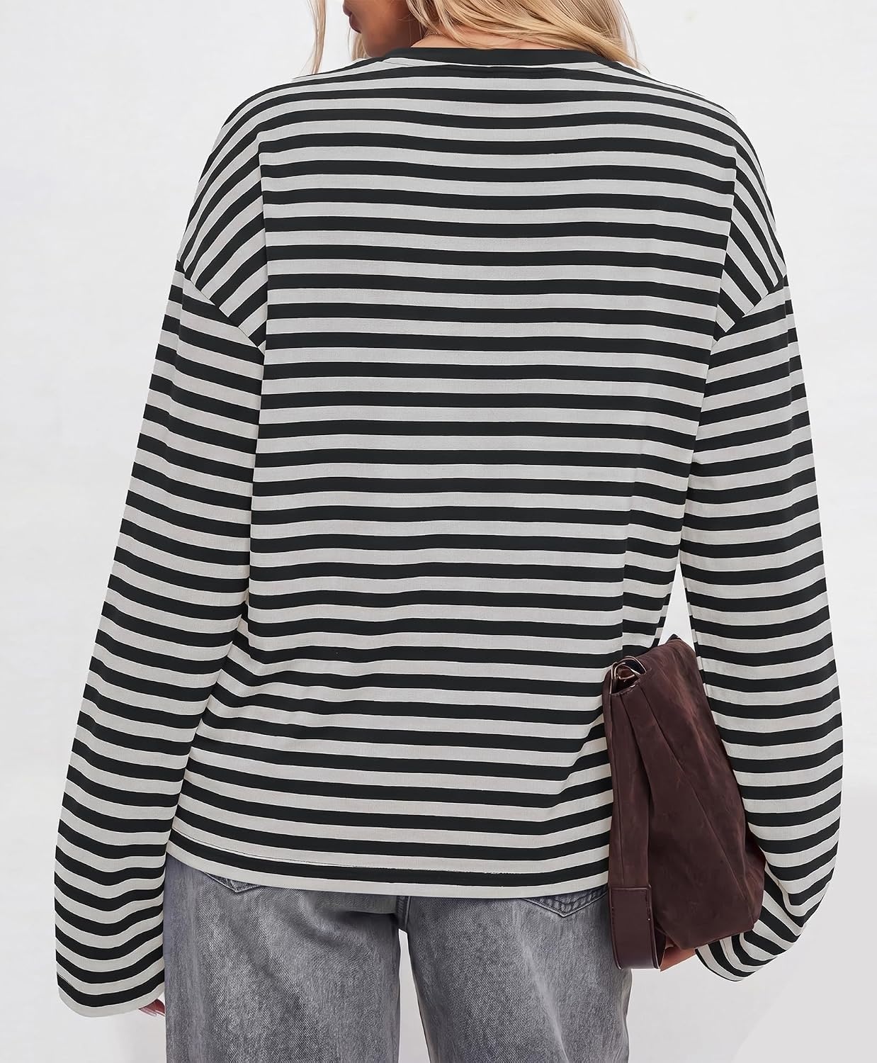 image:imageBTFBM Womens Long Sleeve Tops 2026 Fall Fashion Lightweight Crew Neck Oversized Striped Shirt Women Y2k Clothes Vacation Travel Outfits Going Out Top Winter LayeringWhite Black