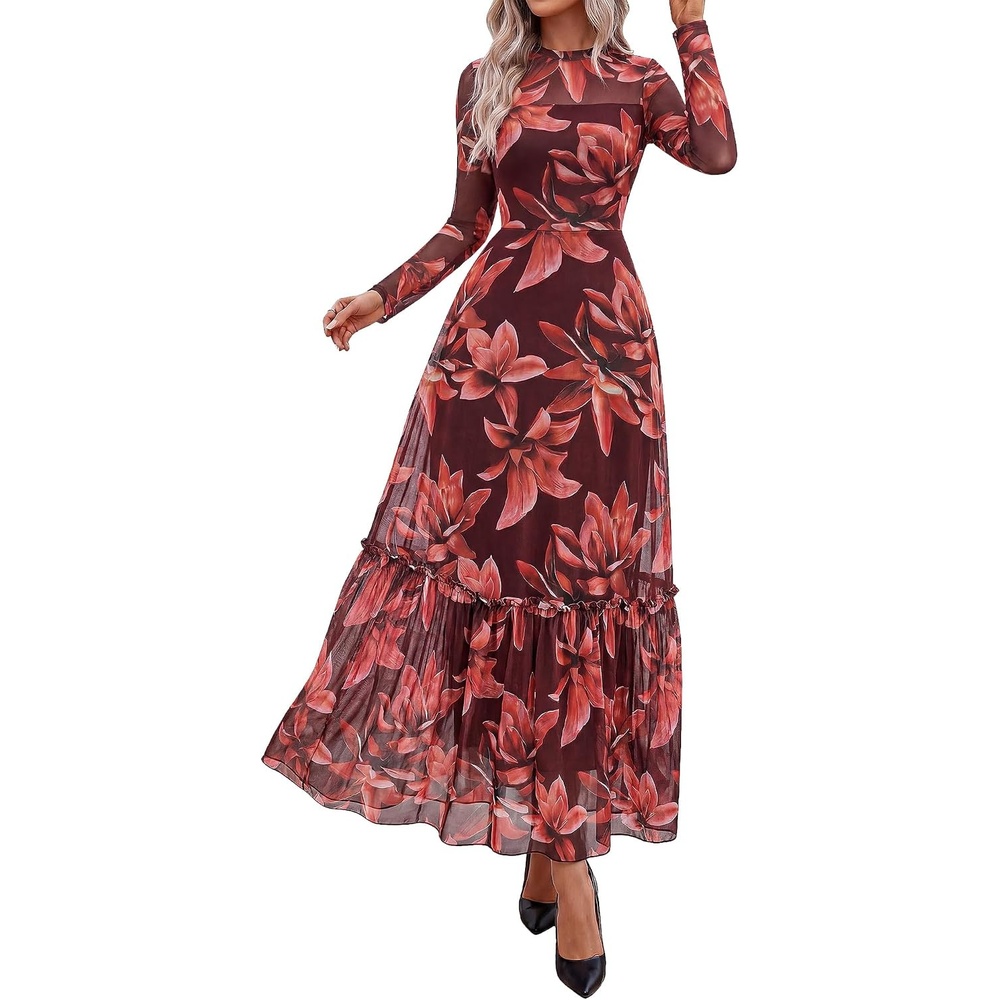 image:imageBTFBM Boho Mesh Long Sleeve Dress for Women  Mock Neck Floral A Line Tiered Baby Shower Graduation Wedding Cocktail Maxi Dresses 2026 Fall Fashion Resort WearFloral Red Brown