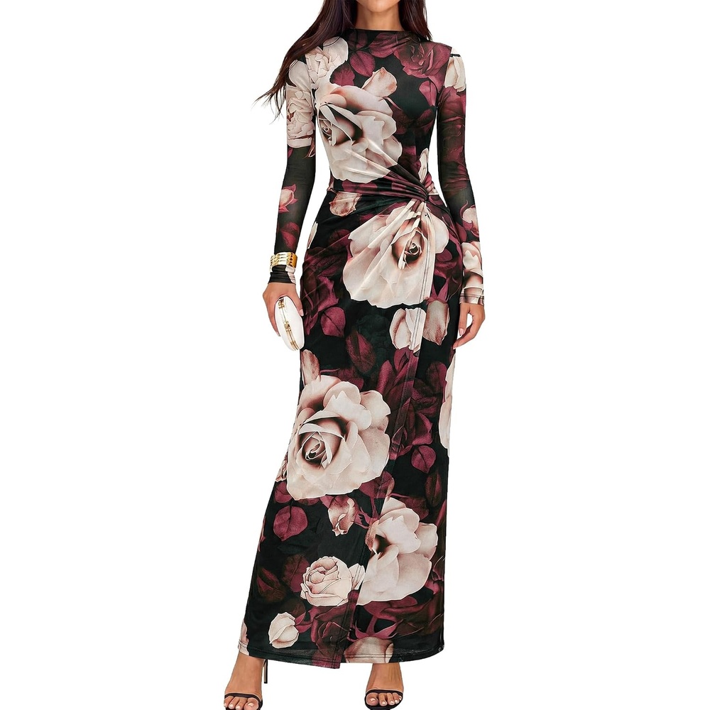 image:imageBTFBM Cocktail Dresses for Women Fall Fashion 2026  Mock Neck Floral Sheer Mesh Long Sleeve Ruched Twist Knot Slit GraduationBaby Shower Maxi Formal Wedding Guest DressFloral Black Apricot