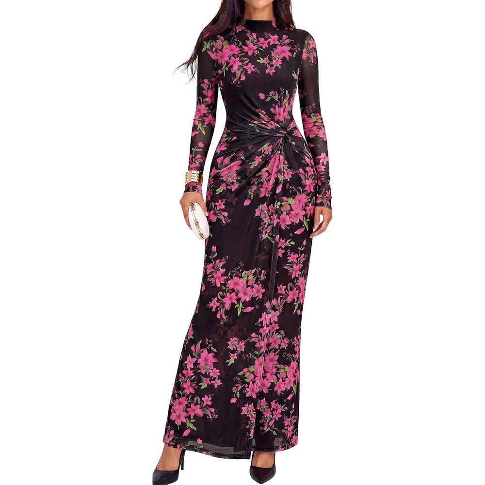 image:imageBTFBM Cocktail Dresses for Women Fall Fashion 2026  Mock Neck Floral Sheer Mesh Long Sleeve Ruched Twist Knot Slit GraduationBaby Shower Maxi Formal Wedding Guest DressFloral Black Pink