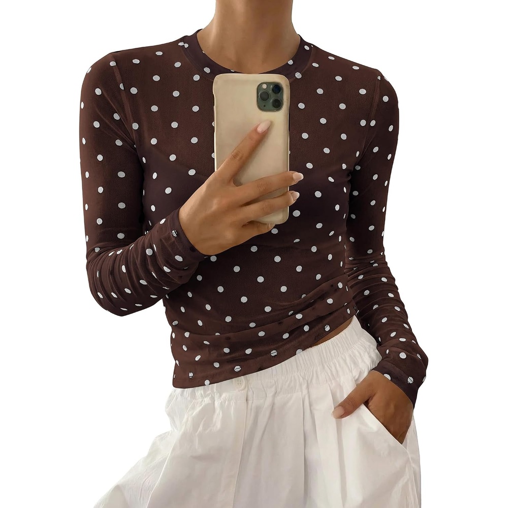 image:imageBTFBM Polka Dot Top Long Sleeve Shirts for Women  Sexy Crew Neck Sheer Mesh See Through Slim Fit Tight ShirtPartyCocktailNight OutGoing Out OutfitsFall Winter 2026Polka Dot Coffee White