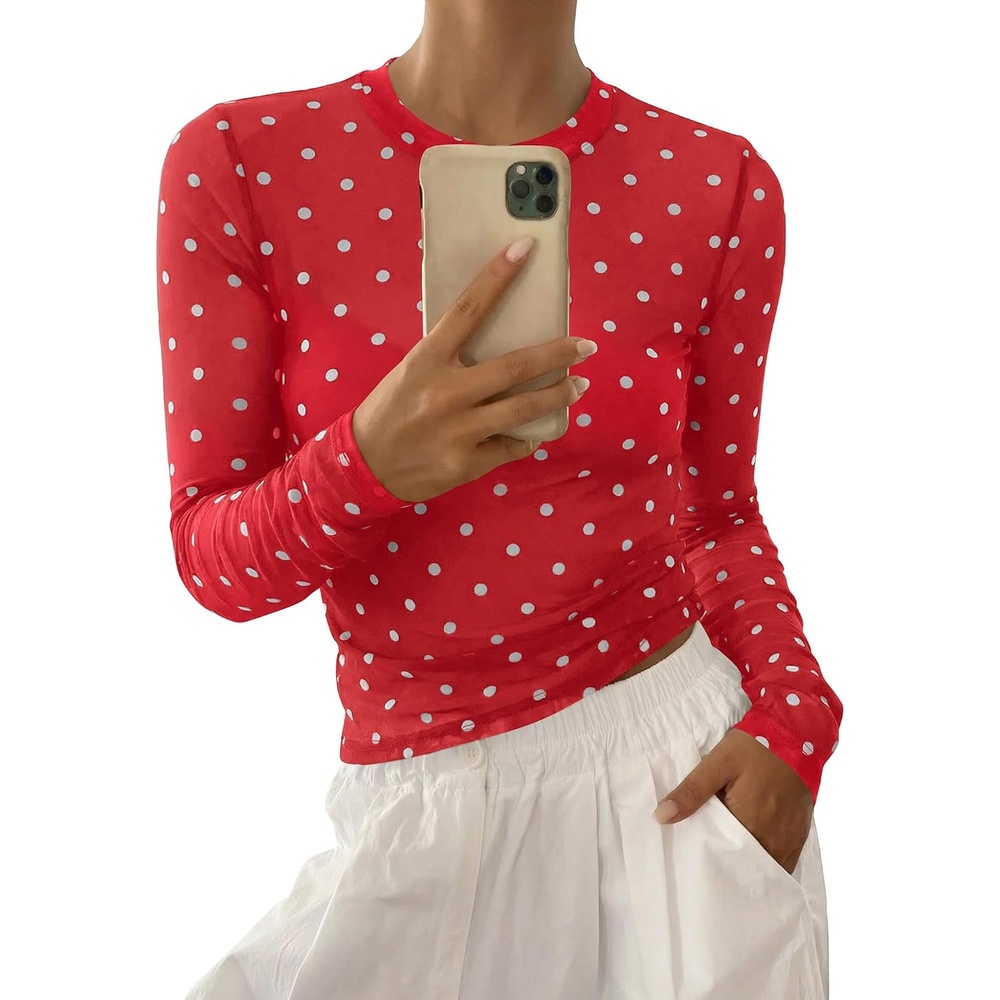 image:imageBTFBM Polka Dot Top Long Sleeve Shirts for Women  Sexy Crew Neck Sheer Mesh See Through Slim Fit Tight ShirtPartyCocktailNight OutGoing Out OutfitsFall Winter 2026Polka Dot Red White