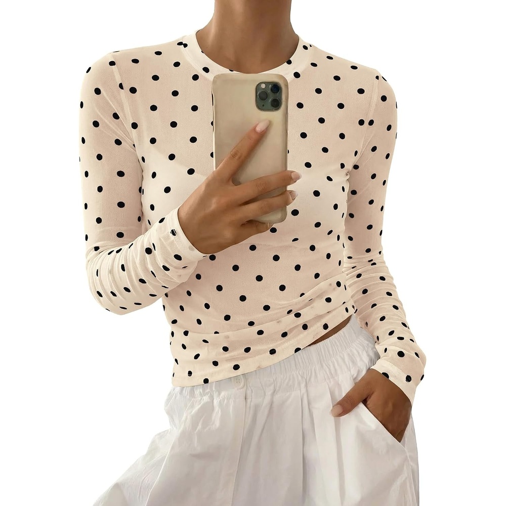 image:imageBTFBM Polka Dot Top Long Sleeve Shirts for Women  Sexy Crew Neck Sheer Mesh See Through Slim Fit Tight ShirtPartyCocktailNight OutGoing Out OutfitsFall Winter 2026Polka Dot Beige Black