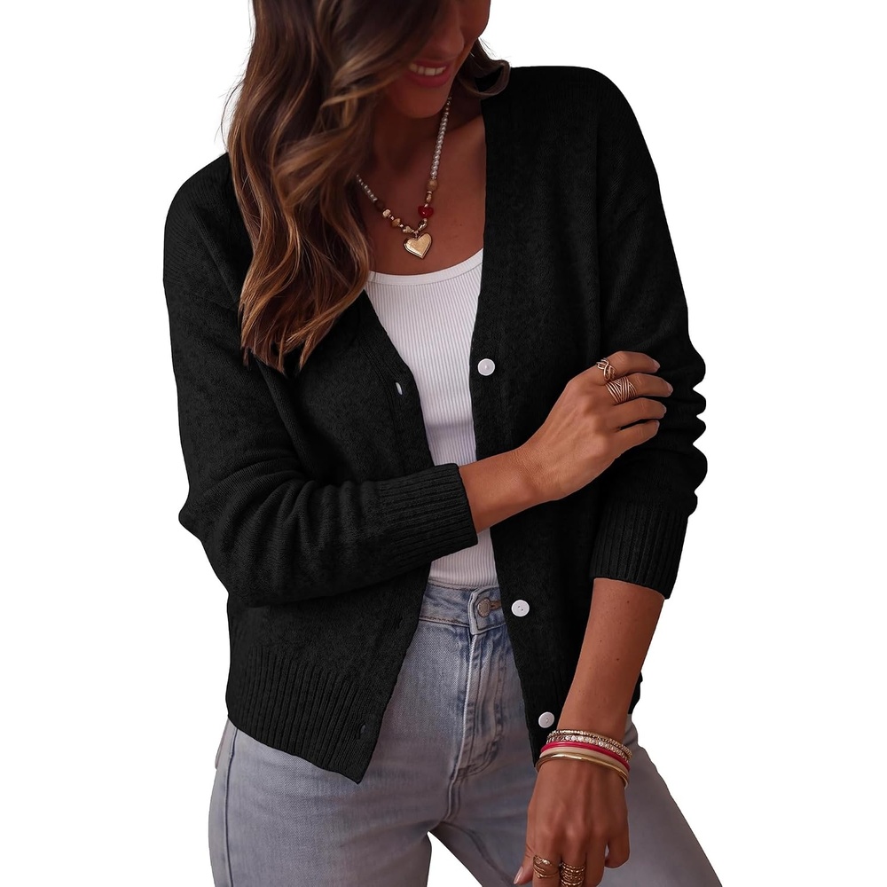 image:imageBTFBM V Neck Cardigan Sweaters for Women 2026 Fall Long Sleeve Knit Sweater Button Down Shrug Tops Open Front Lightweight Cardigans Business Casual Outfits Winter ClothingBlack