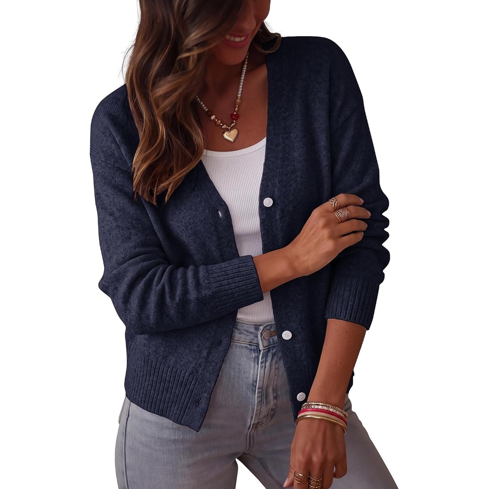 image:imageBTFBM V Neck Cardigan Sweaters for Women 2026 Fall Long Sleeve Knit Sweater Button Down Shrug Tops Open Front Lightweight Cardigans Business Casual Outfits Winter ClothingNavy