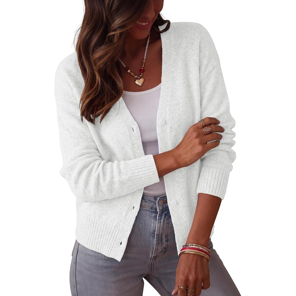 image:imageBTFBM V Neck Cardigan Sweaters for Women 2026 Fall  Long Sleeve Knit Sweater Button Down Shrug Tops Open Front Lightweight Cardigans Business Casual Outfits Winter ClothingWhite