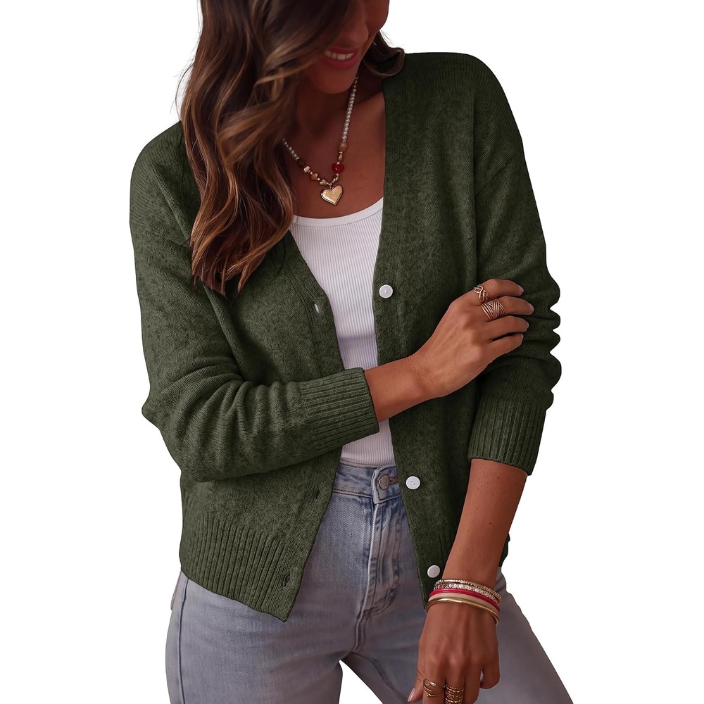 image:imageBTFBM V Neck Cardigan Sweaters for Women 2026 Fall Long Sleeve Knit Sweater Button Down Shrug Tops Open Front Lightweight Cardigans Business Casual Outfits Winter ClothingArmy Green