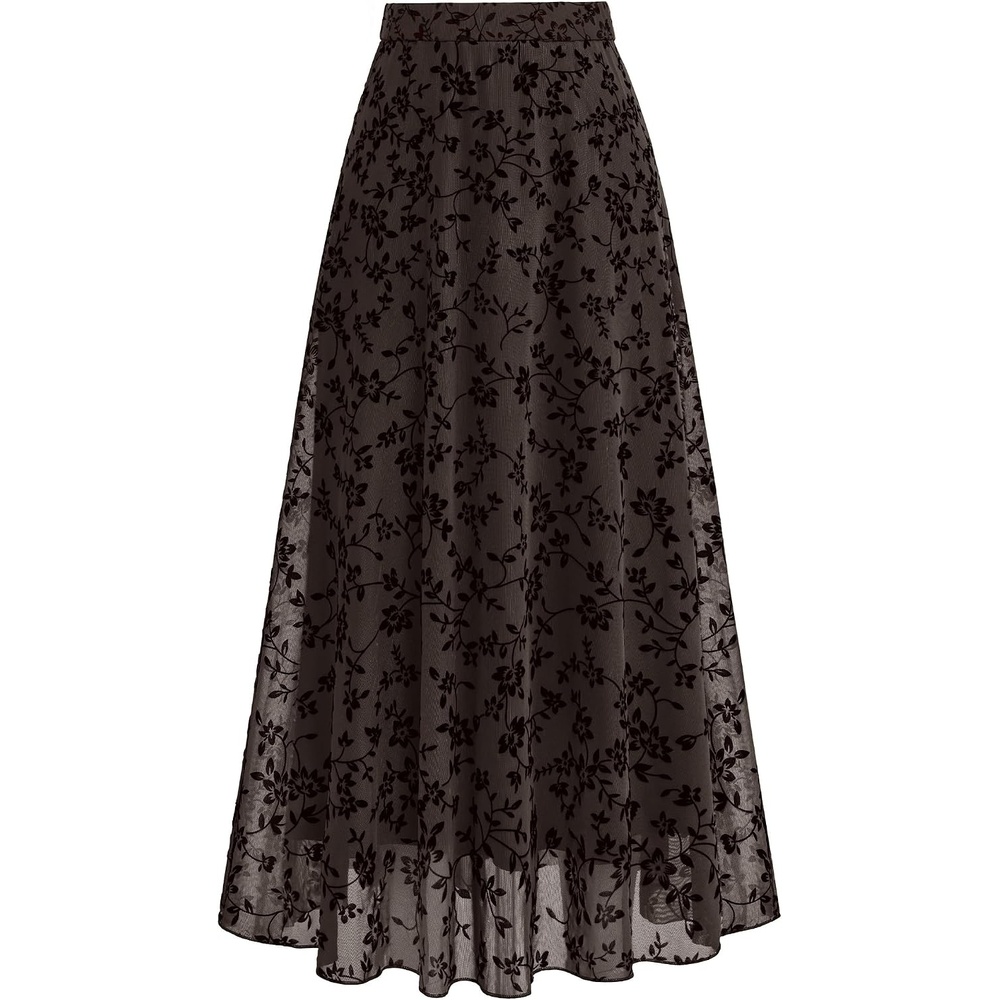 image:imageBTFBM Womens Floral Mesh Maxi Skirts Long Tulle Skirt Flowy A Line High Waist SkirtsVelvetLike FlowersFlocked MeshDoubleLayered SkirtGoing Out OutfitsEarly Fall FashionBrown