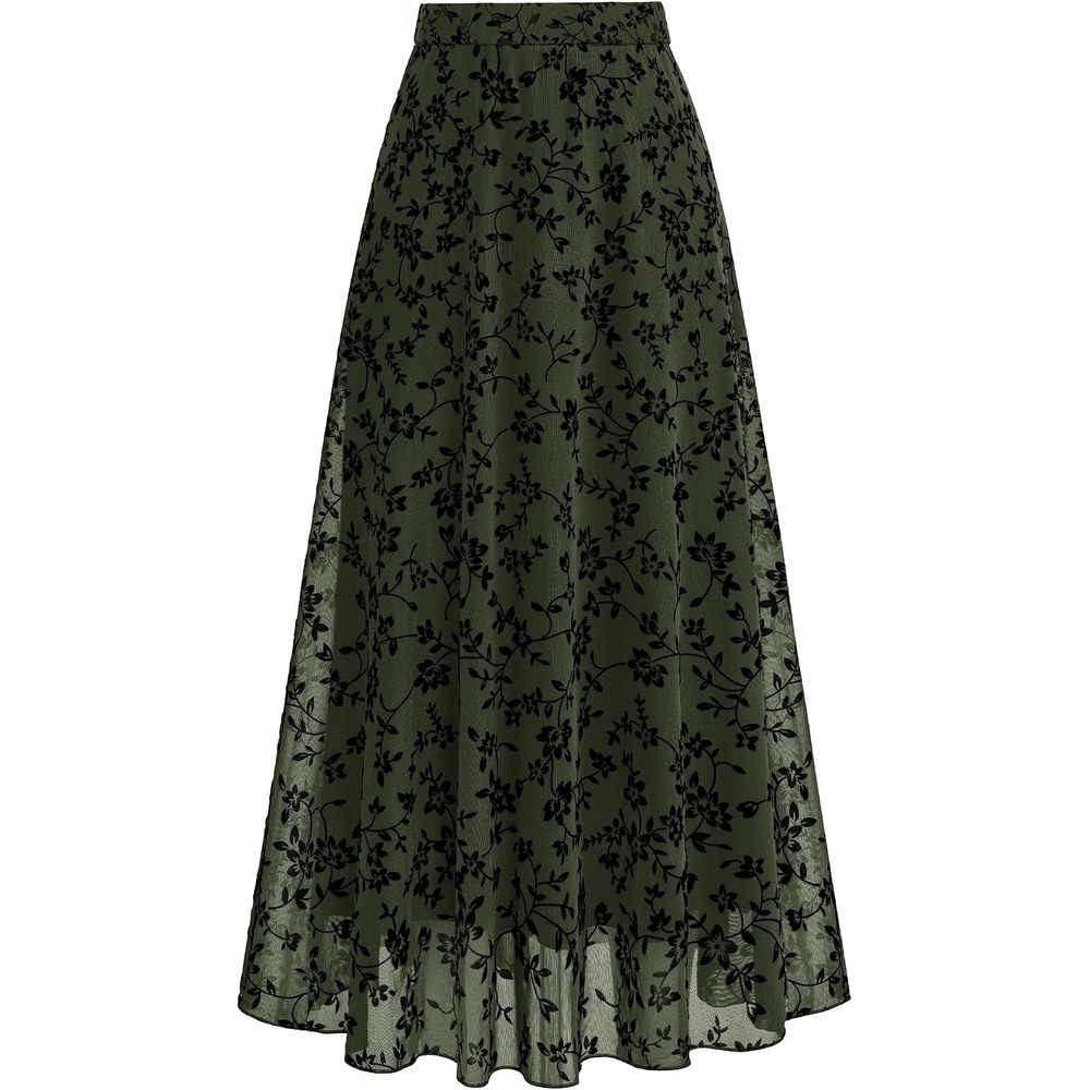 image:imageBTFBM Womens Floral Mesh Maxi Skirts Long Tulle Skirt Flowy A Line High Waist SkirtsVelvetLike FlowersFlocked MeshDoubleLayered SkirtGoing Out OutfitsEarly Fall FashionArmy Green