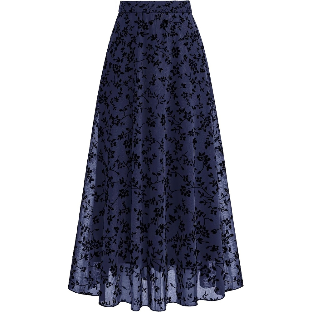 image:imageBTFBM Womens Floral Mesh Maxi Skirts Long Tulle Skirt  Flowy A Line High Waist SkirtsVelvetLike FlowersFlocked MeshDoubleLayered SkirtGoing Out OutfitsEarly Fall FashionNavy Blue
